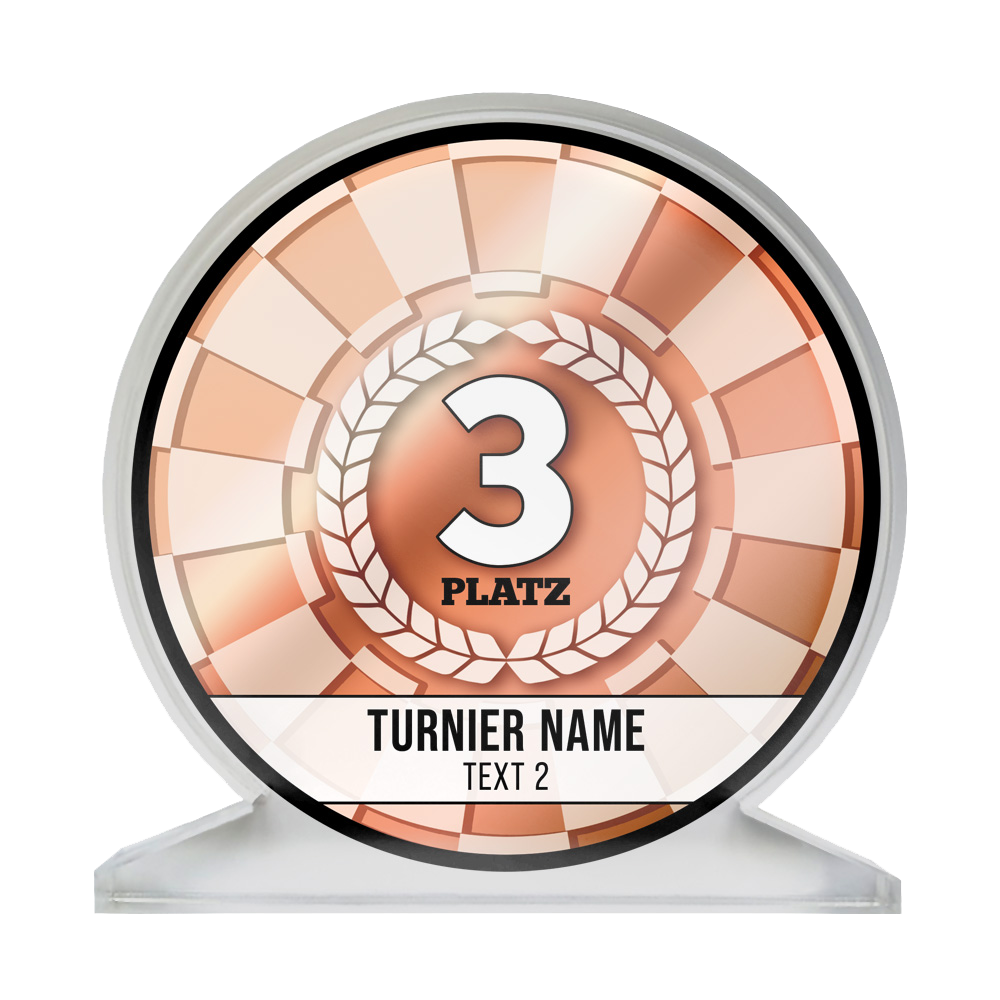 Auf dem Bild ist eine bronzene Medaille für den 3. Platz zu sehen. Darauf steht "3 Platz" und darunter ist Platz für den Namen des Turniers und einen weiteren Text.