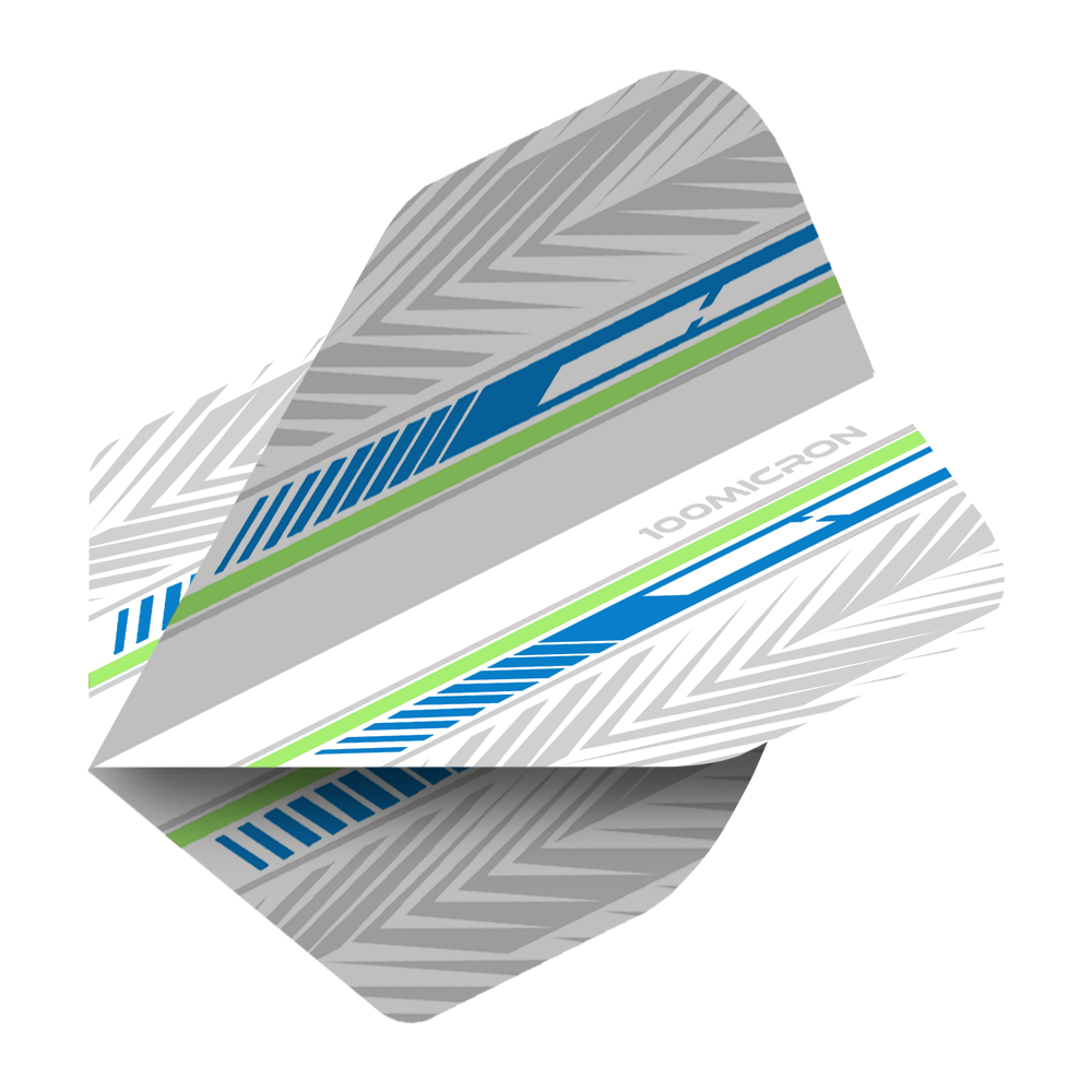Pentathlon Flights weiß/blau/grün Das Bild zeigt ein Dartflight mit dem Namen "Pentathlon White Blue Green No2 Standard Flights". Das Design ist überwiegend weiß und grau mit blauen und grünen Streifen sowie einem chevronartigen Muster.