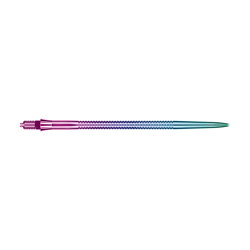 Das Bild zeigt Caliburn EZ-EVO Dartspitzen mit Rillen, Rainbow-Design und 50 mm Länge. Die Dartspitzen sind farbenfroh und besitzen ein auffälliges, geriffeltes Aussehen.