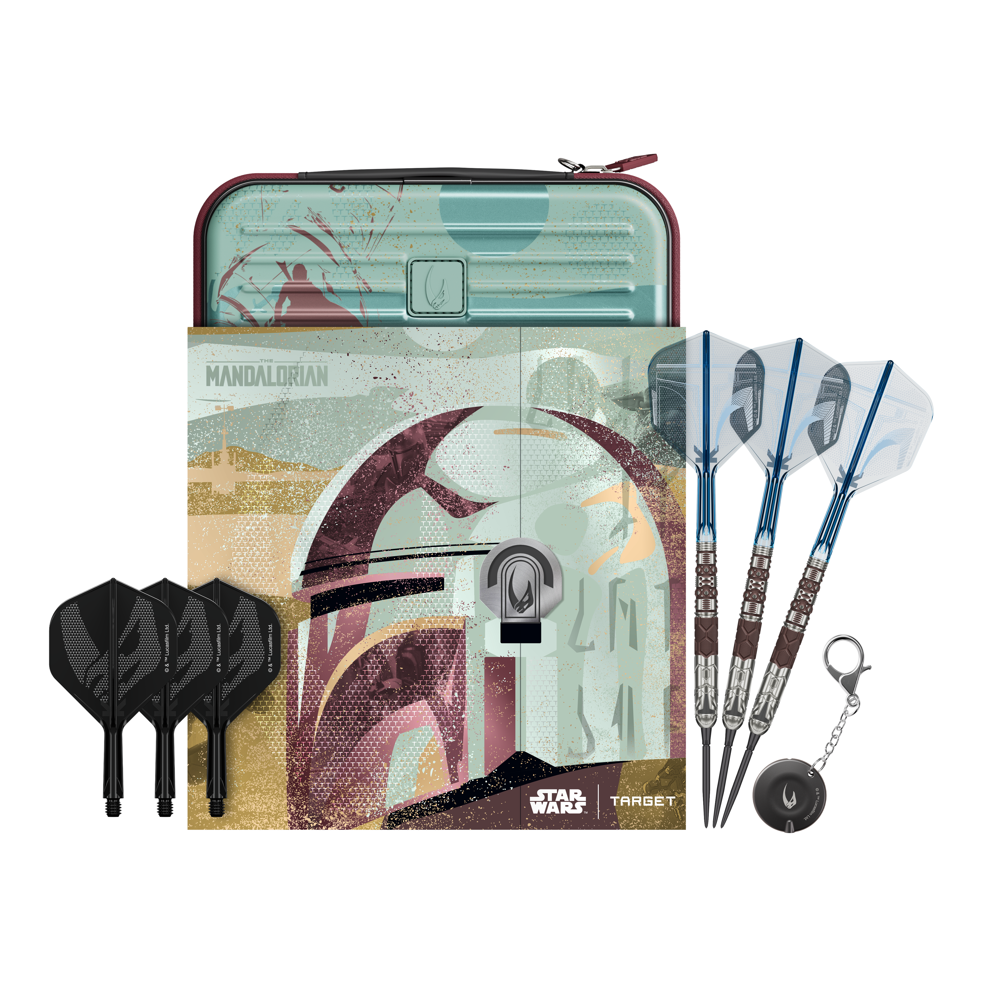 Target Star Wars Mandalorian 95 Swiss Point Steeldarts Abgebildet sind Target Star Wars Mandalorian 95 Swiss Point Steeldarts. Diese Darts haben ein einzigartiges Mandalorian-Design.