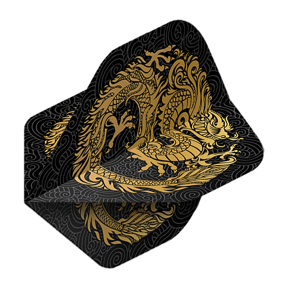 Pentathlon Flights Dragon schwarz Auf dem Bild ist ein Pentathlon Dragon 2 Standard Flight zu sehen. Das Flight ist schwarz und mit einem goldenen Drachen verziert.