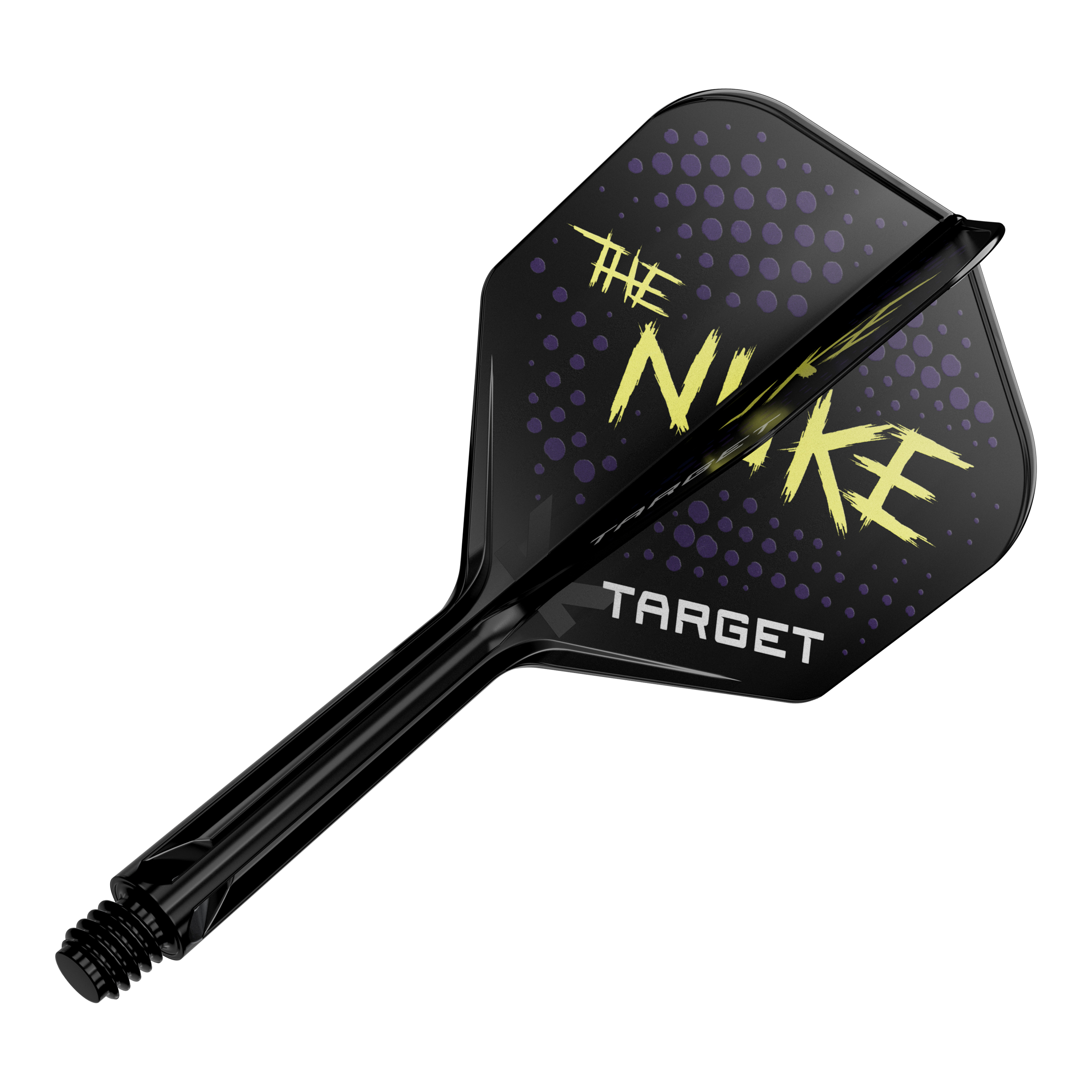 Auf dem Bild ist ein schwarzer Dartflügel mit der Aufschrift "THE NUKE" in gelber Schrift zu sehen. Unten steht das Wort "TARGET" und der Flügel ist mit lilafarbenen Punkten verziert.