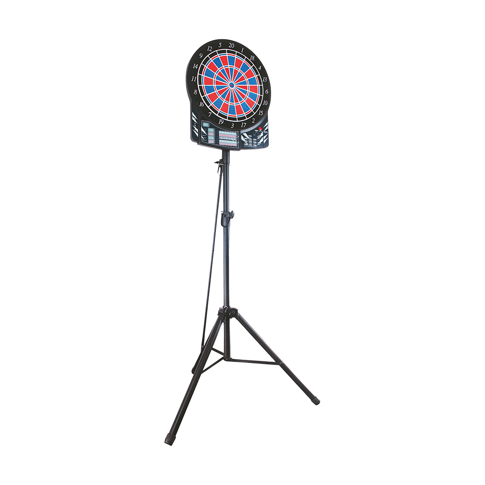 67909_Bulls_Vibex_H_Dartboard_St-nder_1 Das Bild zeigt den Bulls Vibex H Dartboard Ständer mit einem elektronischen Dartboard darauf. Der Ständer steht auf drei stabilen Beinen und kann in der Höhe verstellt werden.