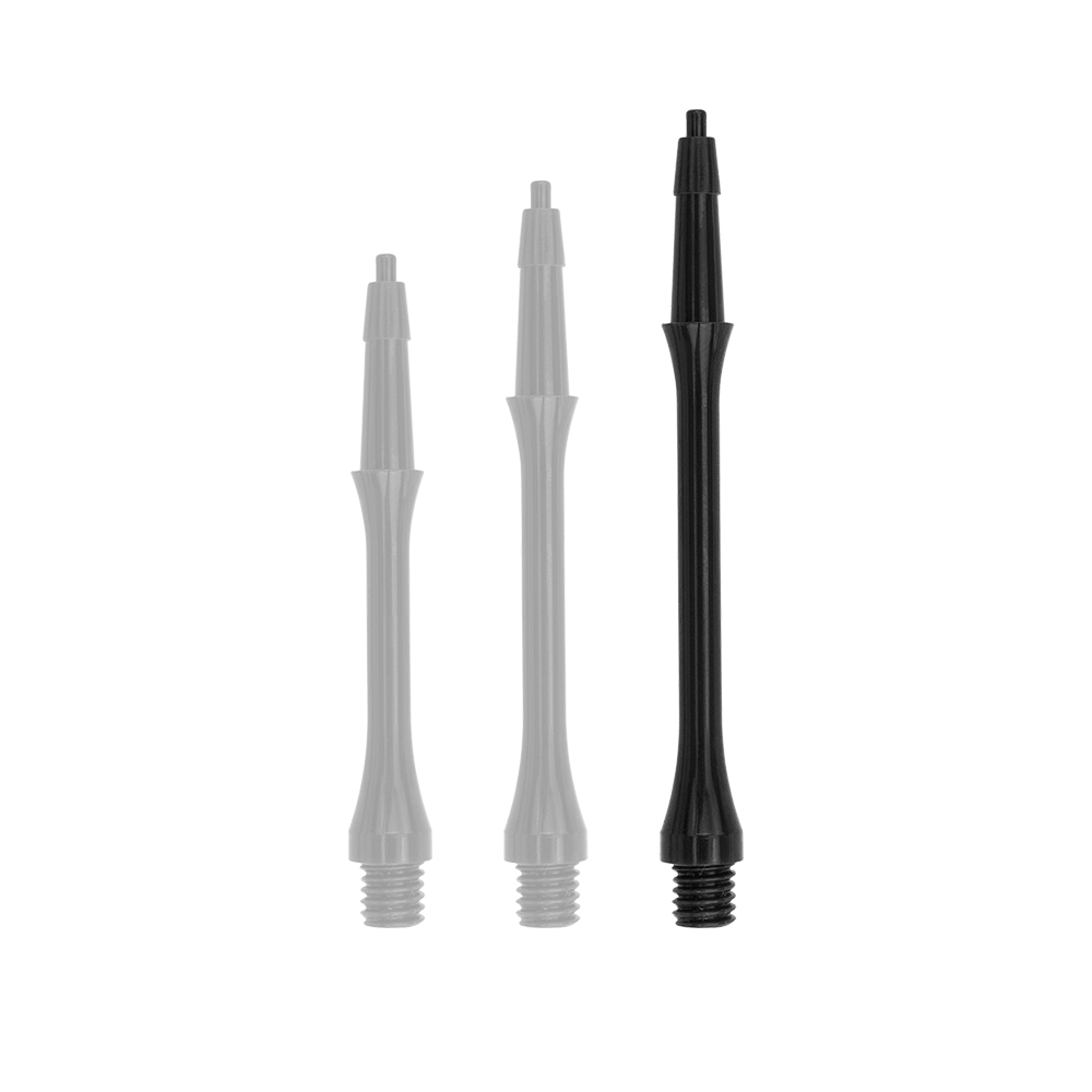 Das Bild zeigt drei schwarze Harrows Clic Slim Shafts in unterschiedlichen Längen. Sie sind dünn, zylindrisch und haben an einem Ende ein Gewinde.