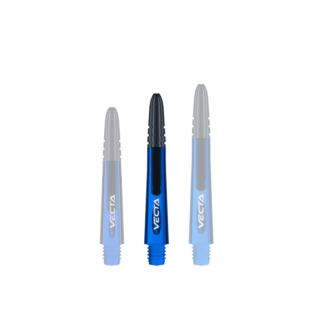 Das Bild zeigt drei blaue Winmau Vecta Shafts, die als Ersatzteile für Dartpfeile verwendet werden. Sie haben eine glänzende Oberfläche und das Wort "VECTA" ist in Weiß darauf zu sehen.