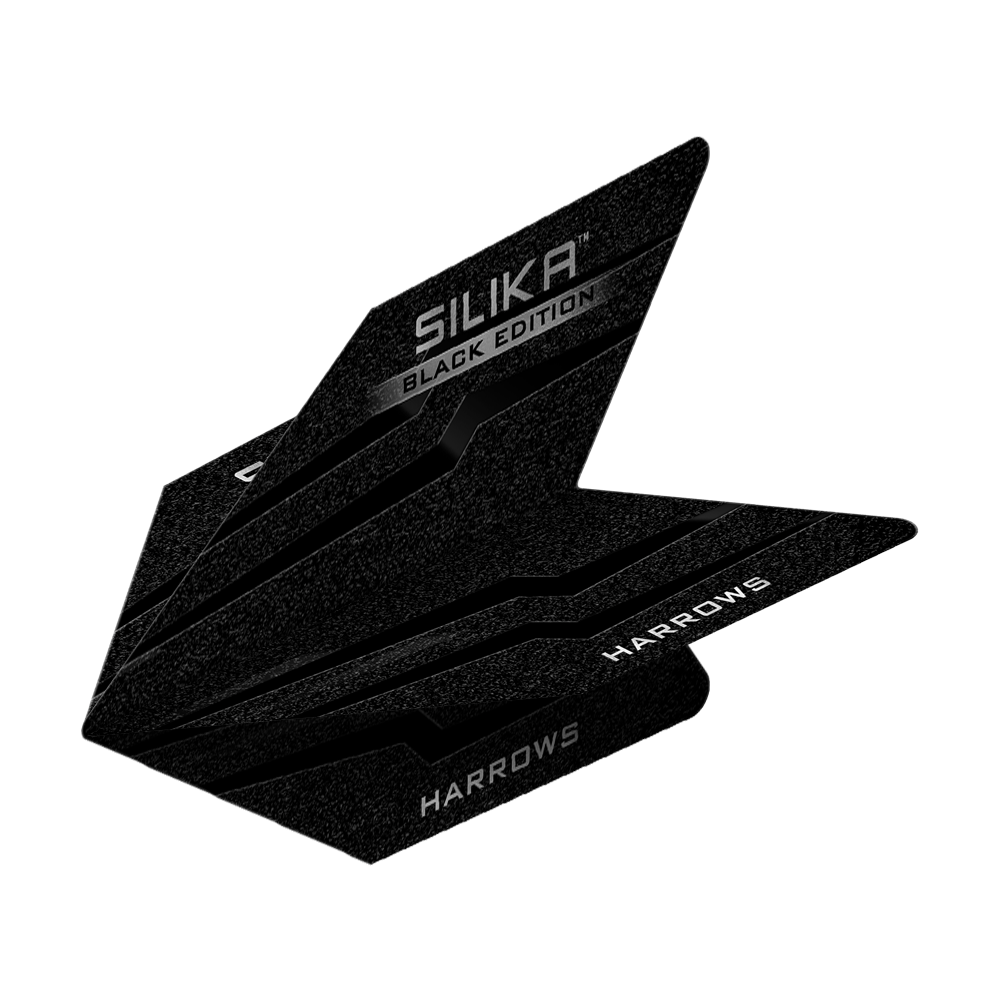 Harrows Silika Black-Edition Velos Flights Das Bild zeigt die Harrows Silika Black-Edition Velos Flights. Die Flights sind schwarz mit silbernen Schriftzügen und haben ein modernes, eckiges Design.
