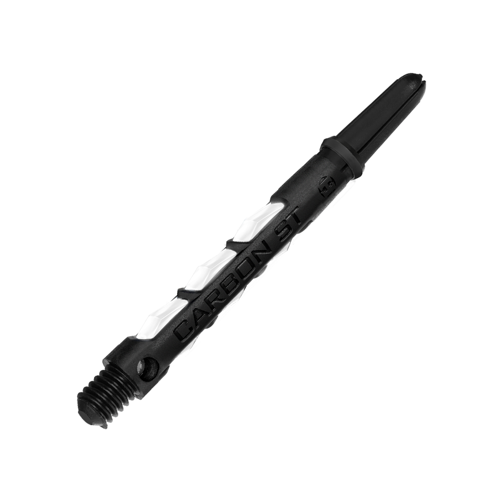 HR439_Harrows_Carbon_ST_Shafts_Weiss_47mm_2GA9n5Dn9FdsKb Auf dem Bild ist ein Harrows Carbon ST Shafts in Weiß zu sehen. Der Schaft ist schwarz mit weißen Akzenten und besteht aus robustem Material.