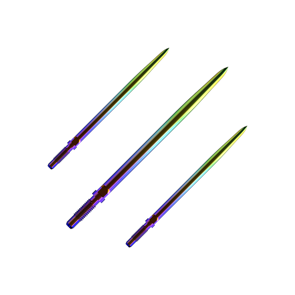 Bulls NL Convertible Point Dartspitzen - Smooth - Rainbow Ein Bild mit dem Dateinamen BU57716_BullsNL_Convertible_Points_Smooth_Rainbow_36mm_1Set. Es zeigt wahrscheinlich ein Set von Dartspitzen in Regenbogenfarben.