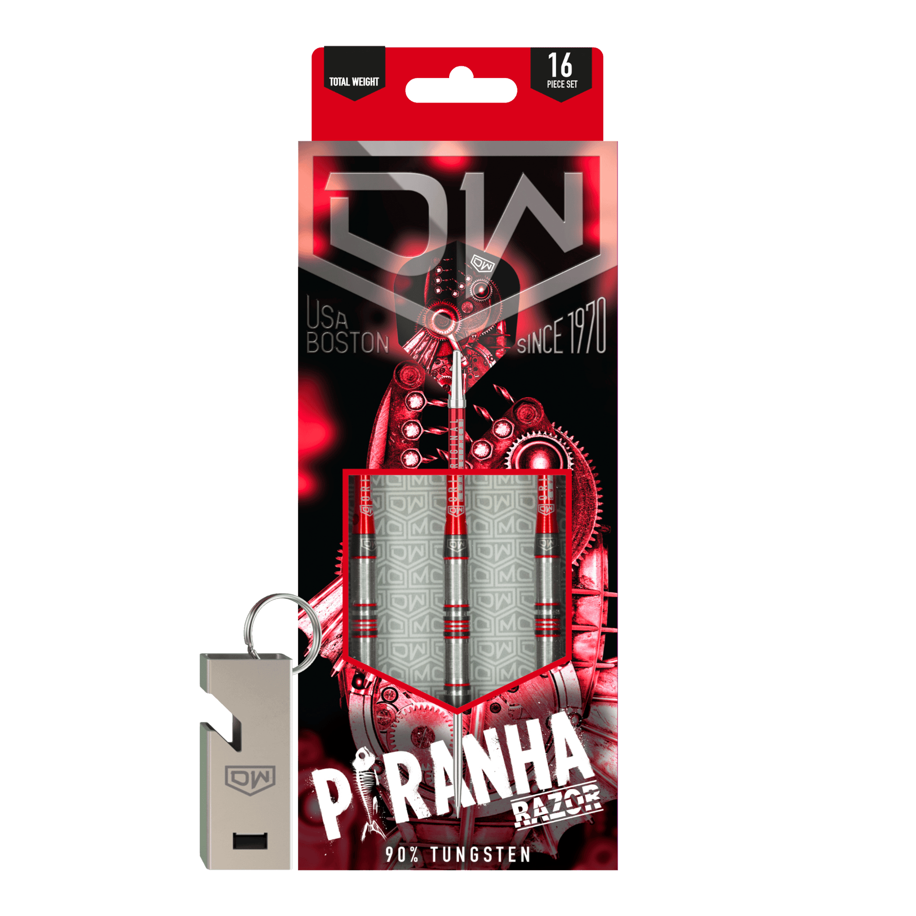 DW Piranha Razor 01 Steeldarts Das Bild zeigt die Verpackung der "DW Piranha Razor 01 Steeldarts". In der Packung sind drei Darts aus 90% Tungsten und ein silberner Schlüsselanhänger enthalten.