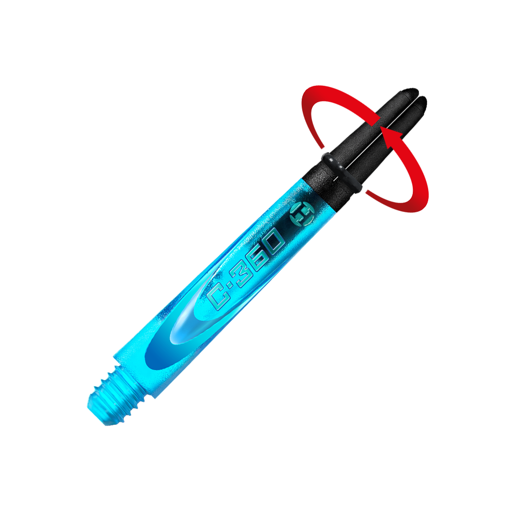 HR444_Harrows_Carbon_360_Shafts_Aqua_42mm_2_Symbol Dies ist ein blauer Dart-Schaft mit der Aufschrift "C-360". Der obere Teil des Schafts ist schwarz und zeigt eine besondere Verbindung.