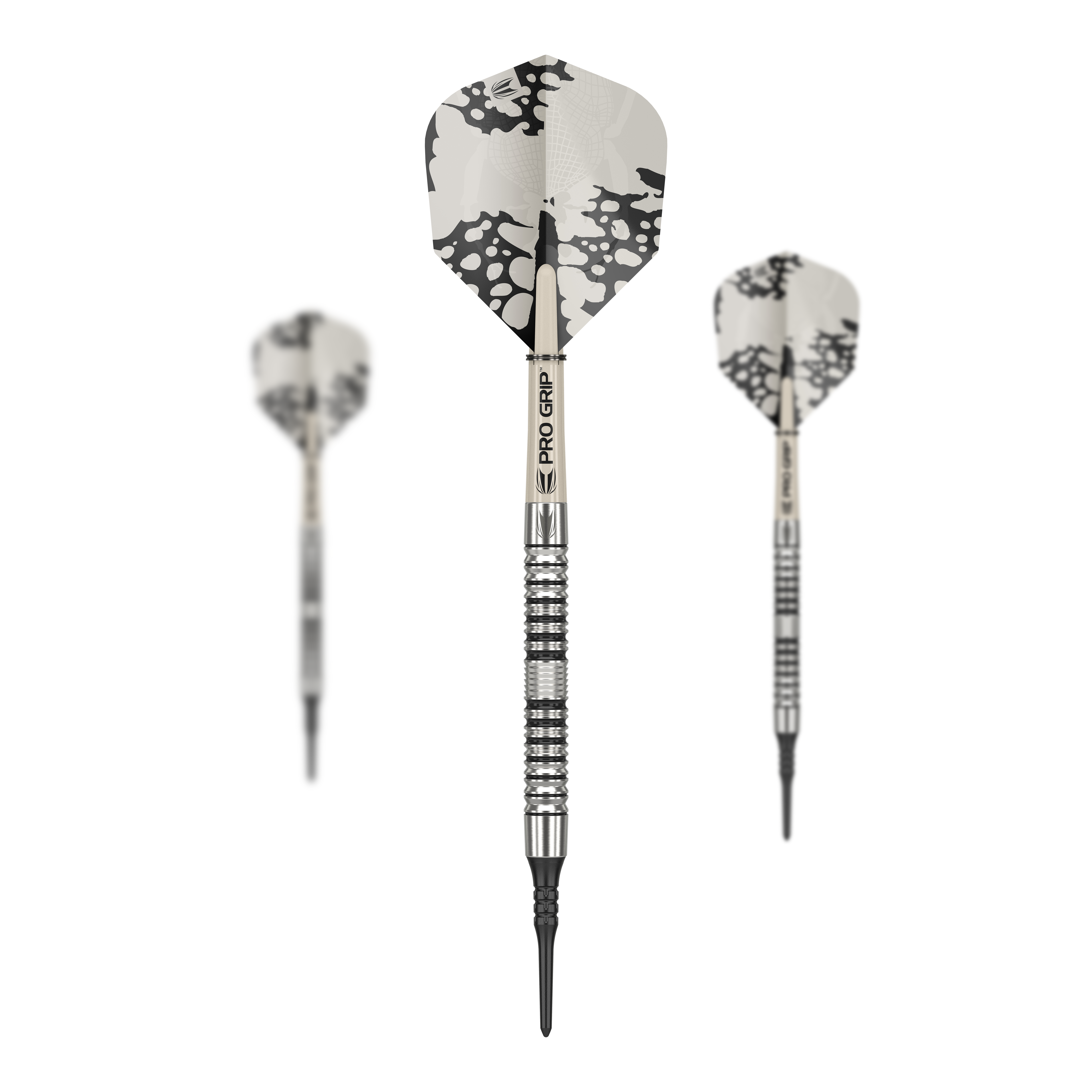 Target EXO 10 Softdarts Das Bild zeigt drei Target EXO 10 Softdarts mit silbernen Schäften und schwarz-weißen Flights. Die Darts haben eine strukturierte Griffzone und sind für Präzision im Spiel ausgelegt.