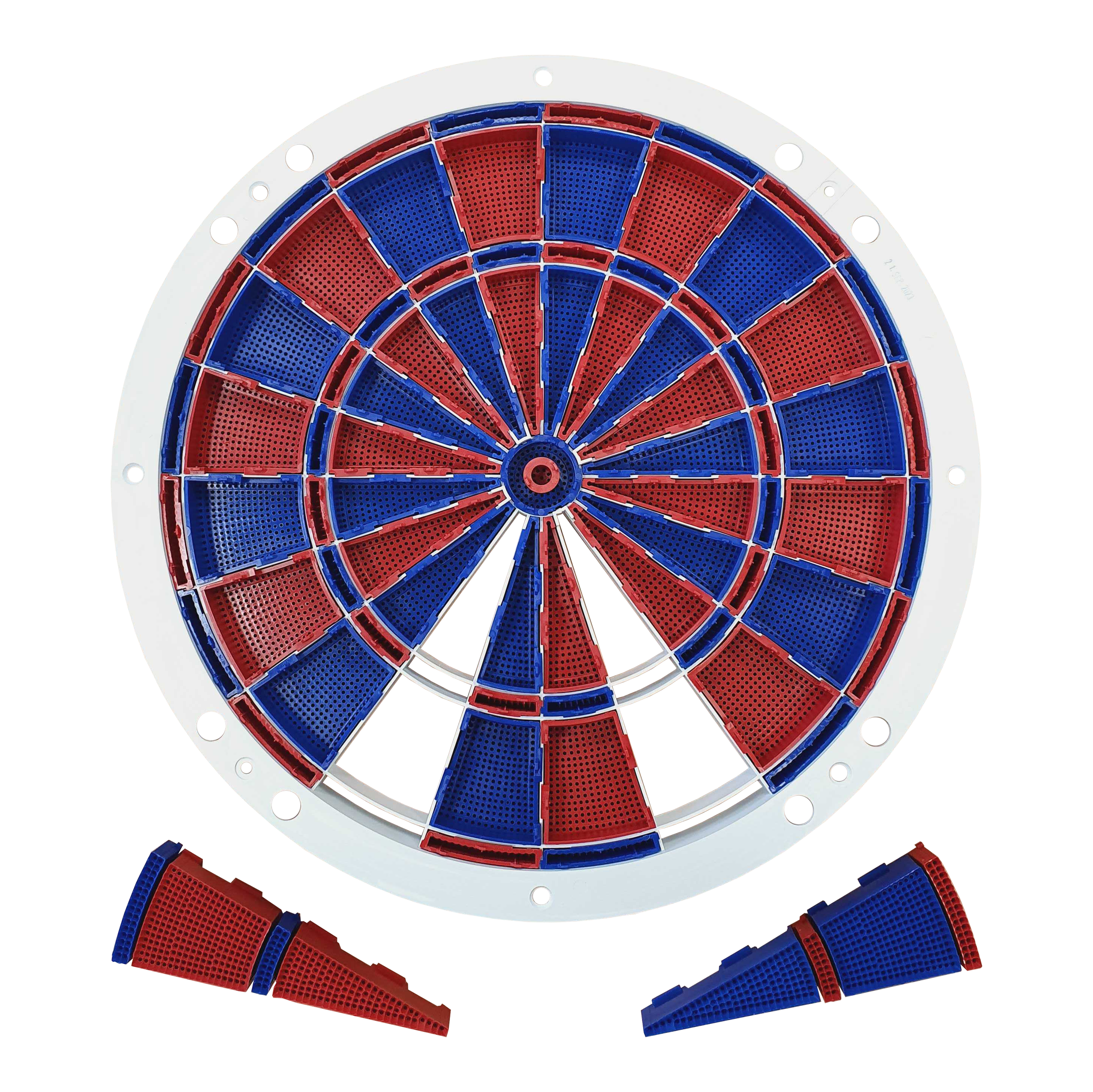 Löwen Dart Ersatzteile 82er Segment- und Spider Set Auf dem Bild ist ein Ersatzteil-Set für eine elektronische Dartscheibe zu sehen. Die Segmente sind abwechselnd rot und blau gefärbt und werden von einem weißen Rahmen gehalten.