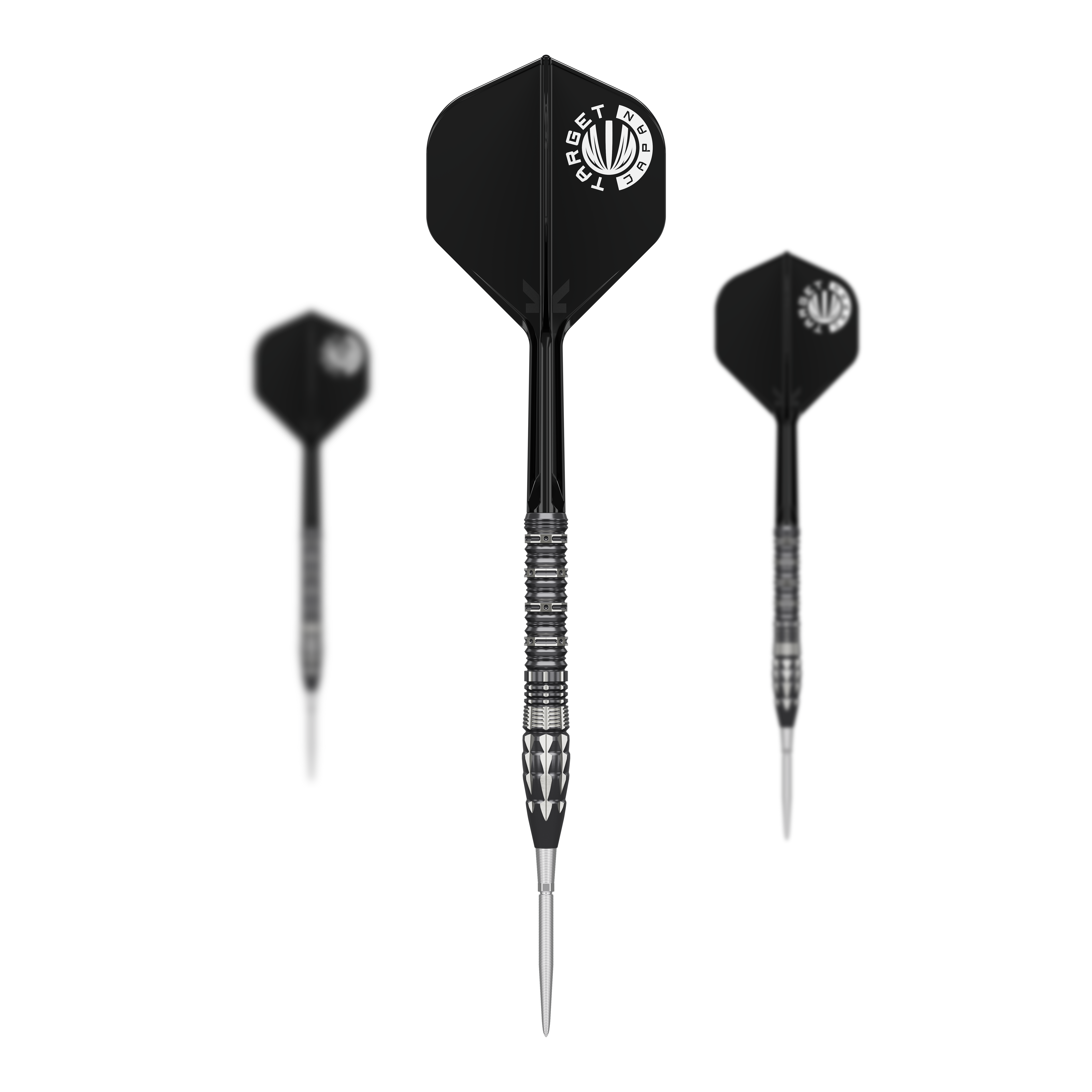 Target Japan Pyro GEN12 Swiss Point Steeldarts Ein Target Japan Pyro GEN12 Swiss Point Set mit drei Darts. Die Verpackung und alle Komponenten werden nebeneinander gezeigt.