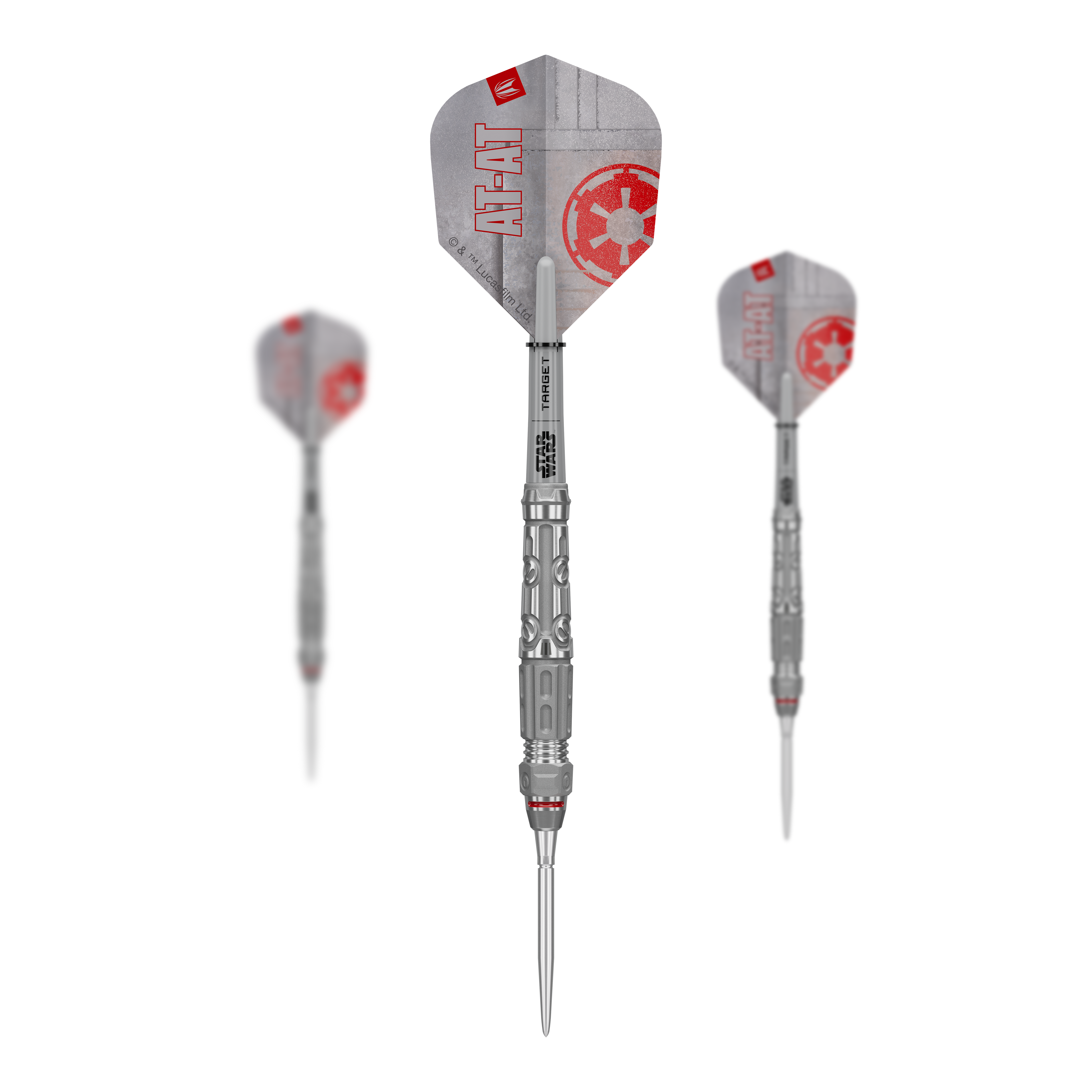 Target Star Wars AT-AT Swiss Point Steeldarts Auf dem Bild ist das Produkt Target Star Wars AT-AT Swiss Point Steeldarts im Set zu sehen. Es zeigt die Zusammenstellung der Dartpfeile in ihrer Verpackung.