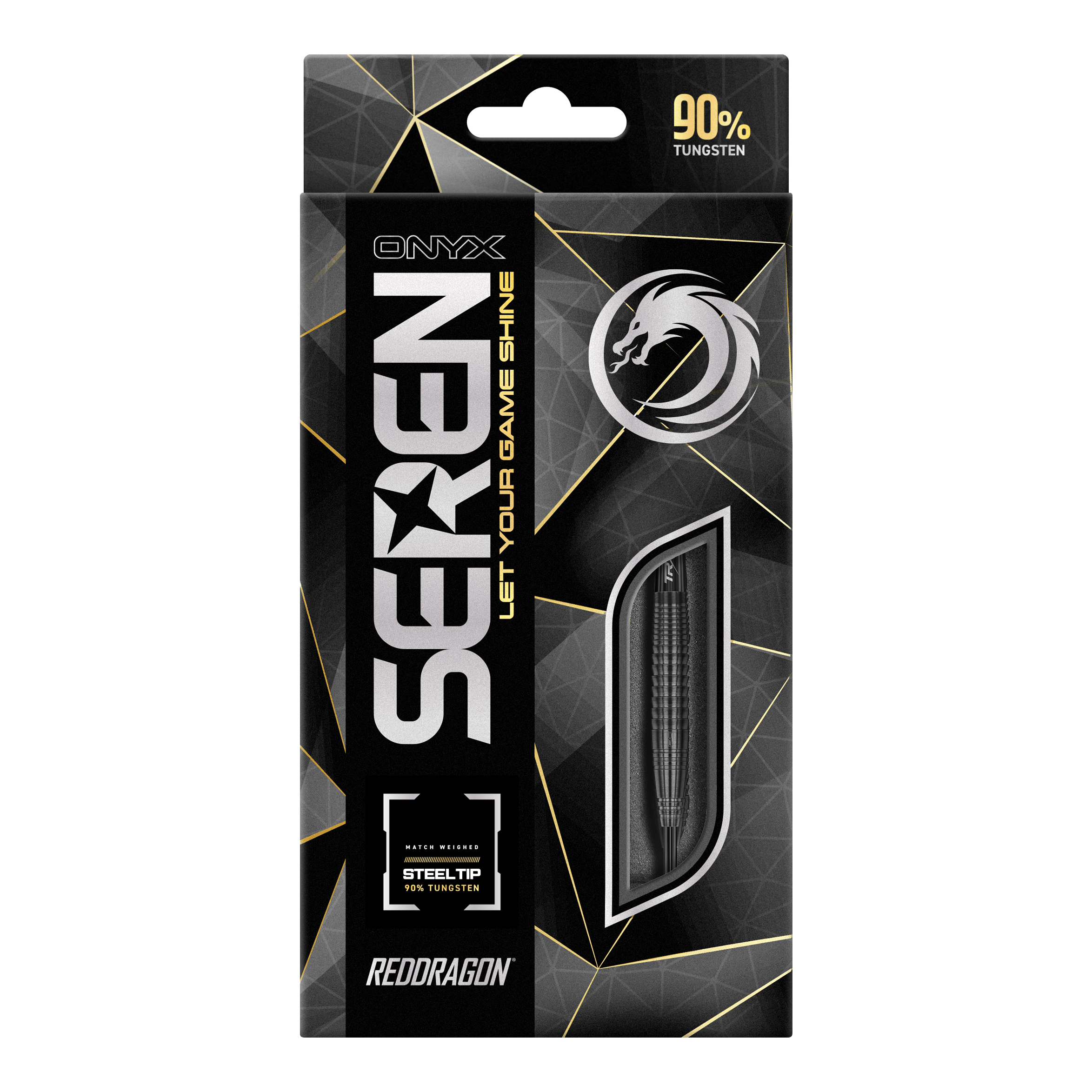 Red Dragon Seren 4 Onyx Steeldarts Das Bild zeigt die Verpackung der "Red Dragon Seren 4 Onyx Steeldarts". Auf der Verpackung steht, dass die Darts aus 90% Tungsten bestehen.