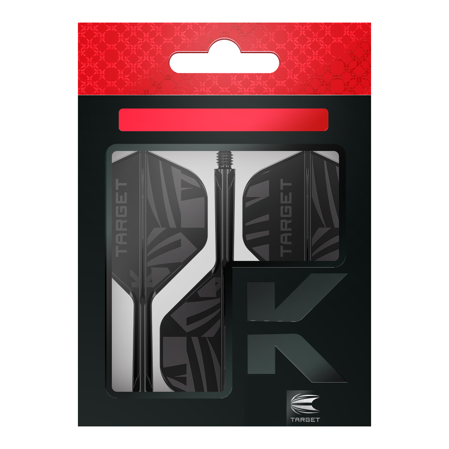 Dieses Bild zeigt die Target K-Flex Black No2 Standard Flights. Diese Flights sind Dartflügel in der Farbe Schwarz.
