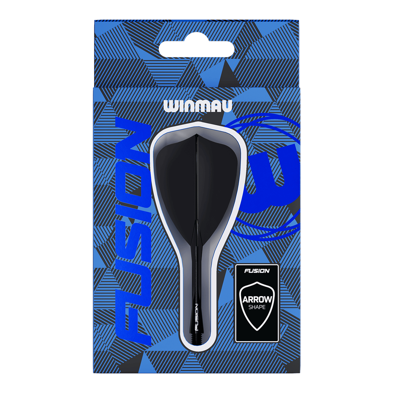 Das Bild zeigt eine Verpackung mit einem Winmau Fusion Flight-Shaft-System in Pfeilform. Die Verpackung ist hauptsächlich blau mit geometrischen Mustern und der Aufschrift "FUSION".