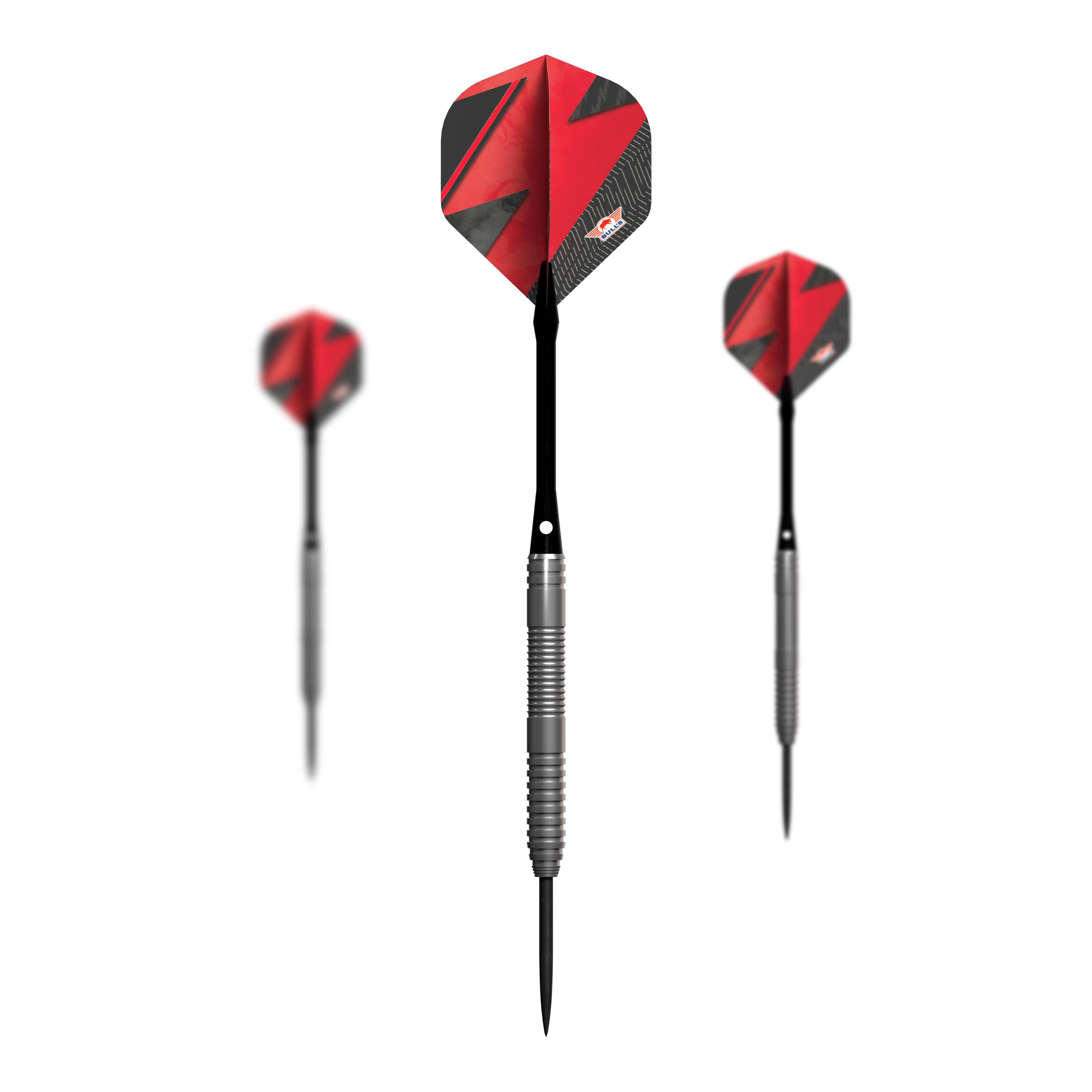 Bulls NL Lightning Red Steeldarts Das Bild zeigt drei Steeldarts mit silbernen Griffen und roten Flights. Es handelt sich um das Produkt "Bulls NL Lightning Red Steeldarts".