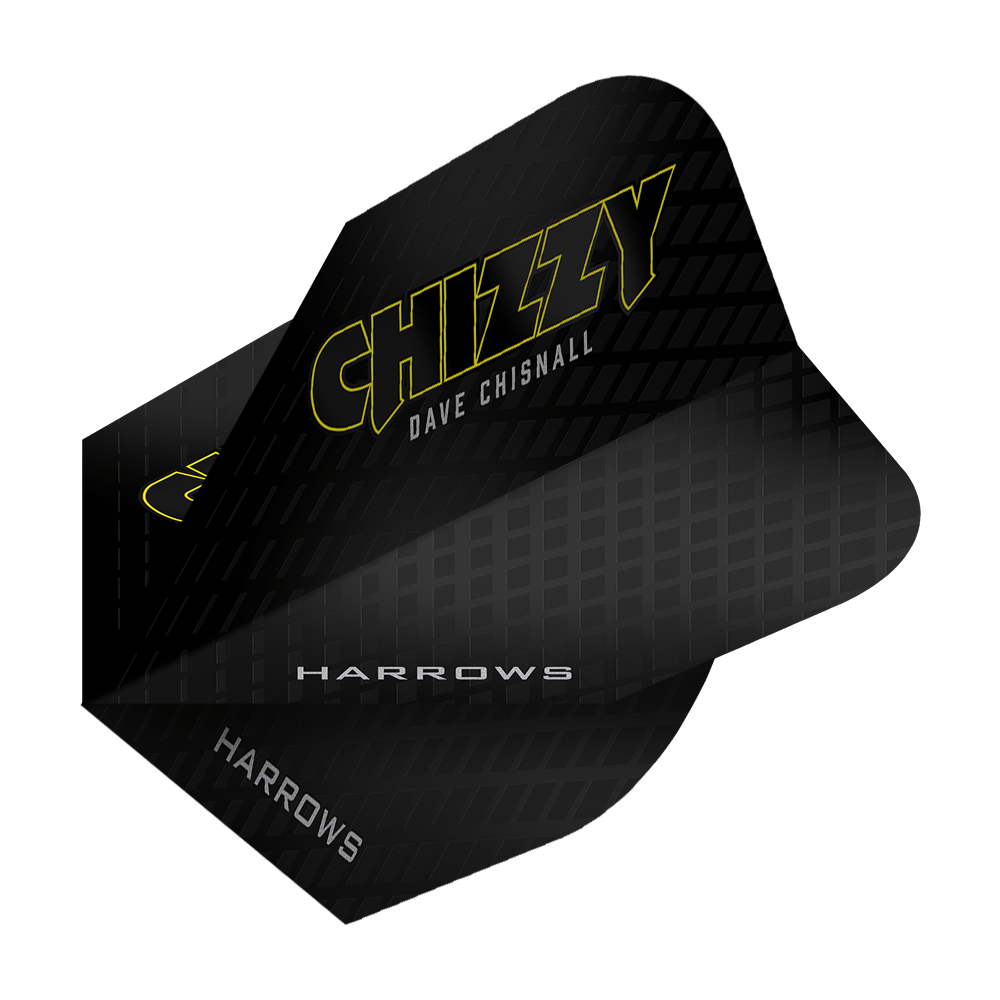 Harrows Dave Chisnall Chizzy Series 3 Flights Das Bild zeigt das Produkt „Harrows Dave Chisnall Chizzy Series 3 Flights“. Die Flights sind schwarz mit gelber Schrift und tragen den Namen „Chizzy“ sowie „Dave Chisnall“.