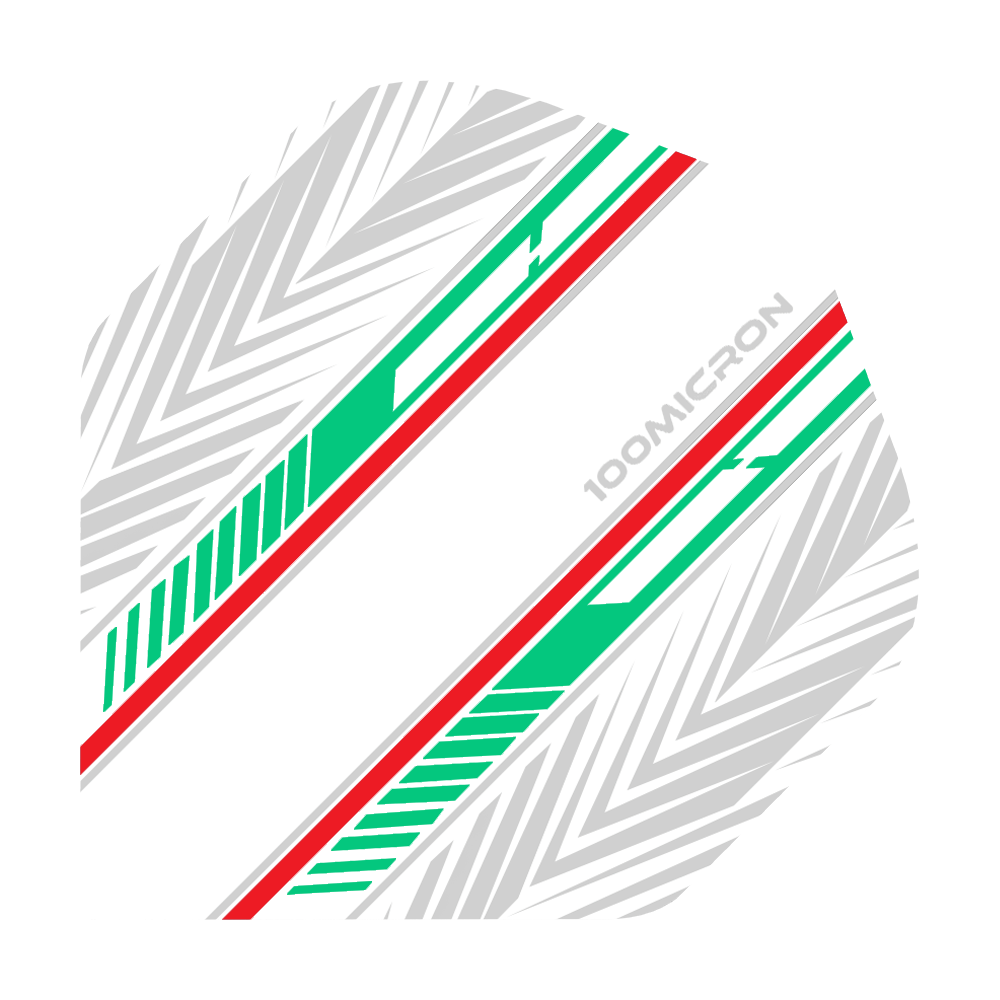 Pentathlon Flights weiß/grün/rot Das Bild zeigt einen Pentathlon White Green Red No2 Standard Flight für Darts. Das Design besteht aus weißen, grünen und roten Streifen sowie grauen Pfeilmustern auf weißem Hintergrund.