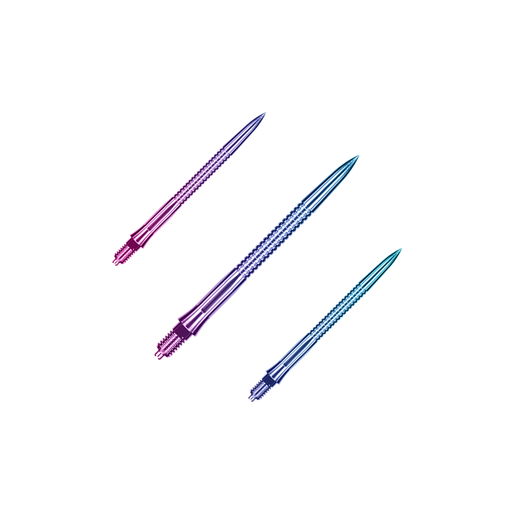 Dieses Bild zeigt EVO206 Caliburn EZ-EVO Dartspitzen Grooved Rainbow 32mm als Set. Die Dartspitzen sind bunt und haben eine gerillte Oberfläche.