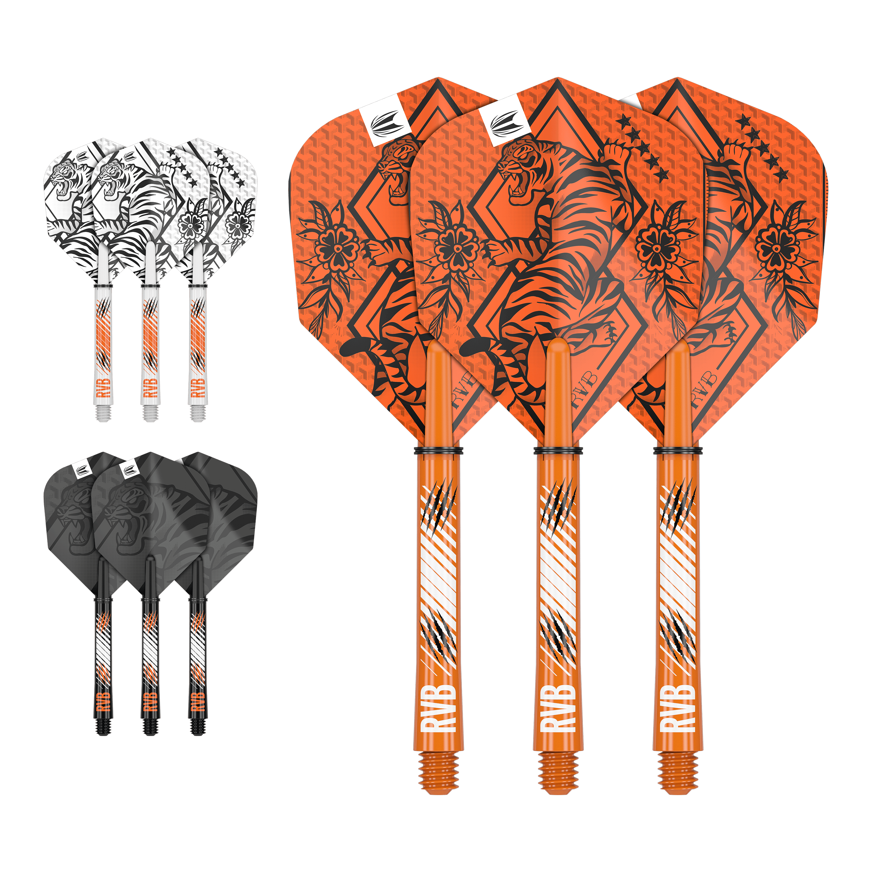 Auf dem Bild sind drei Sets von Dart-Flights und Schäften in den Farben Orange, Weiß und Schwarz zu sehen. Jedes Set ist mit einem Tiger-Design und den Initialen "RVB" verziert.