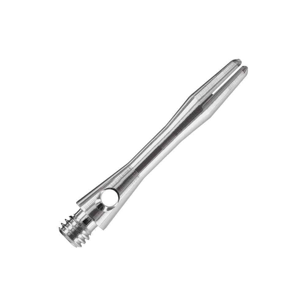 Das Bild zeigt einen Harrows Keramic Shaft in der Farbe Gun Metal. Der Schaft ist aus Metall gefertigt und hat ein glänzendes, silber-graues Aussehen.