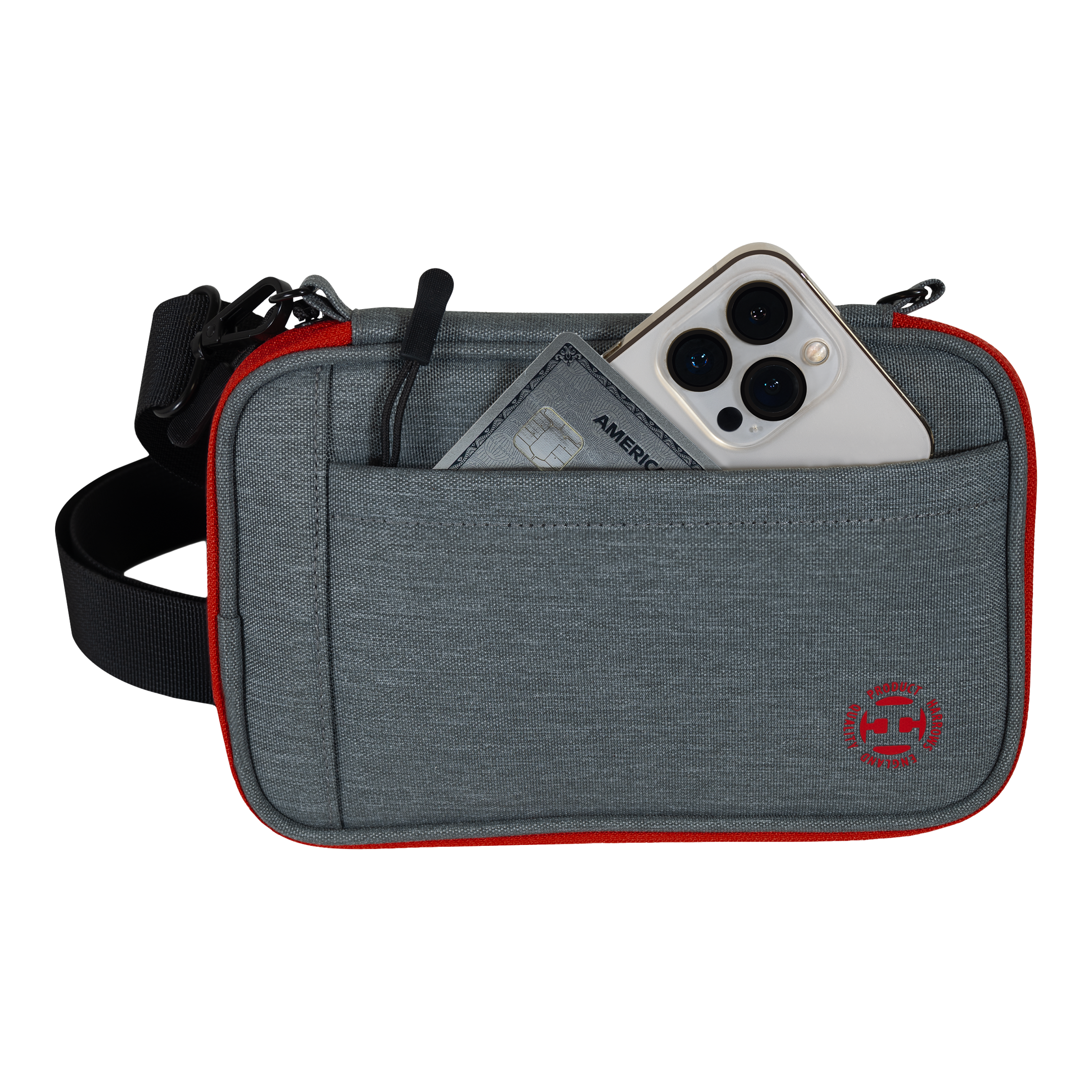 Harrows Smart Case XL Dartwallet Das Bild zeigt eine graue Tasche mit rotem Rand und einem schwarzen Gurt. In der Vordertasche stecken ein Smartphone und eine Kreditkarte.