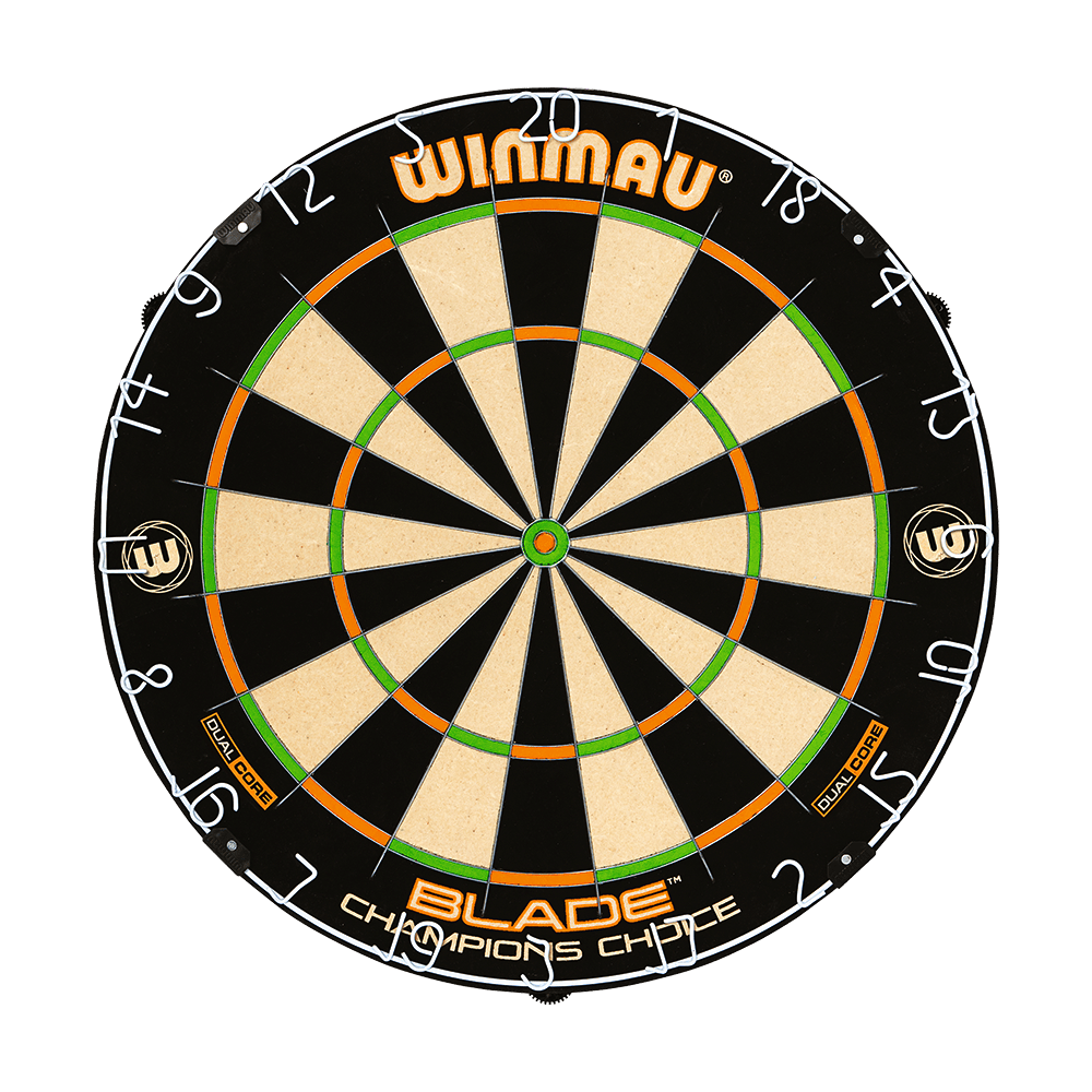 3023_Winmau_Champions_Choice_DualCore_Dartboard_1yDetmwaptBObx Winmau Champions Choice DualCore Dartboard aus Vorderansicht. Sektoren und Zahlen sind klar strukturiert.