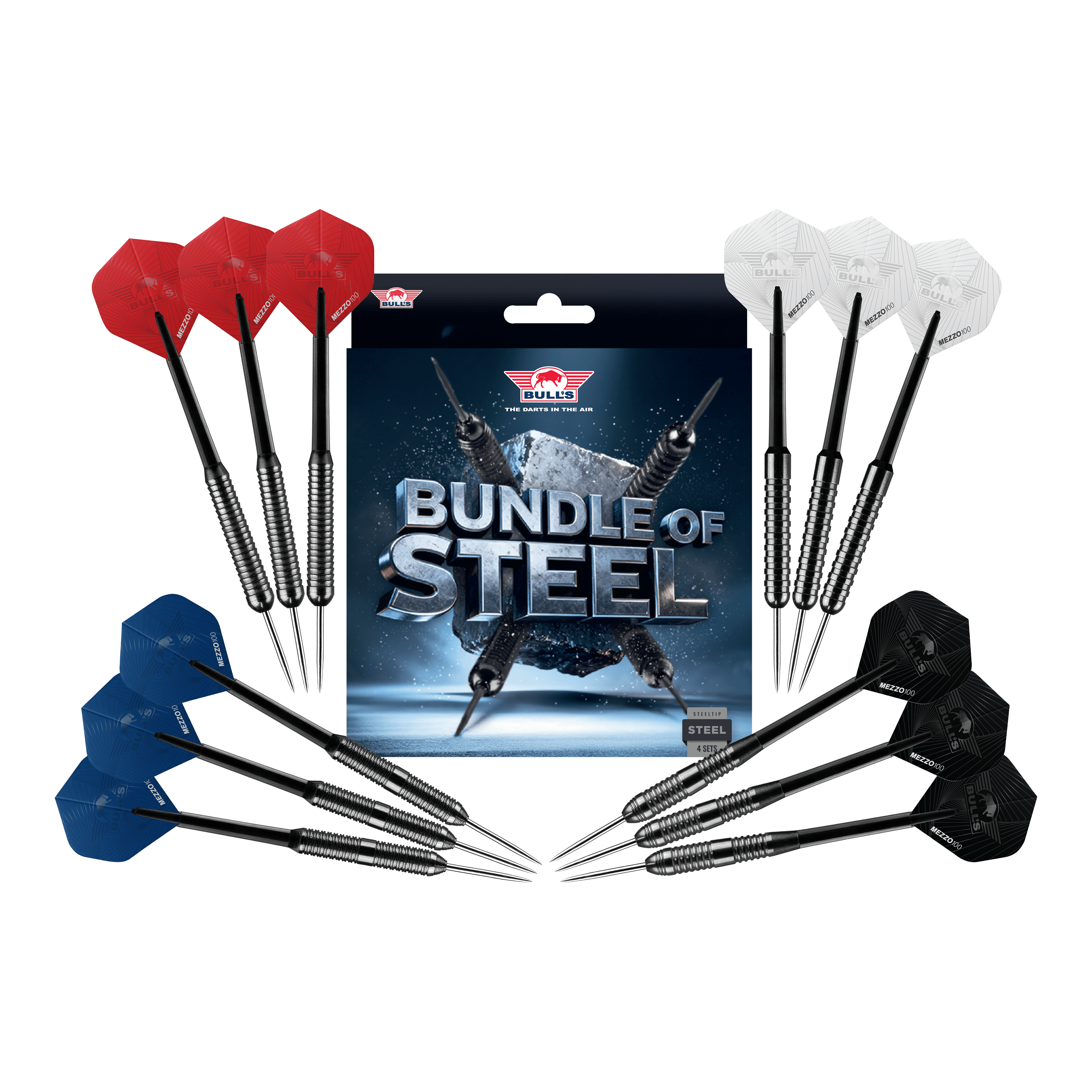 Zu sehen sind die Bulls NL Bundle Of Steel - 4 Sets Brass Steeldarts. Das Produkt bietet vier Sets Messing-Steeldarts für Dartspieler.