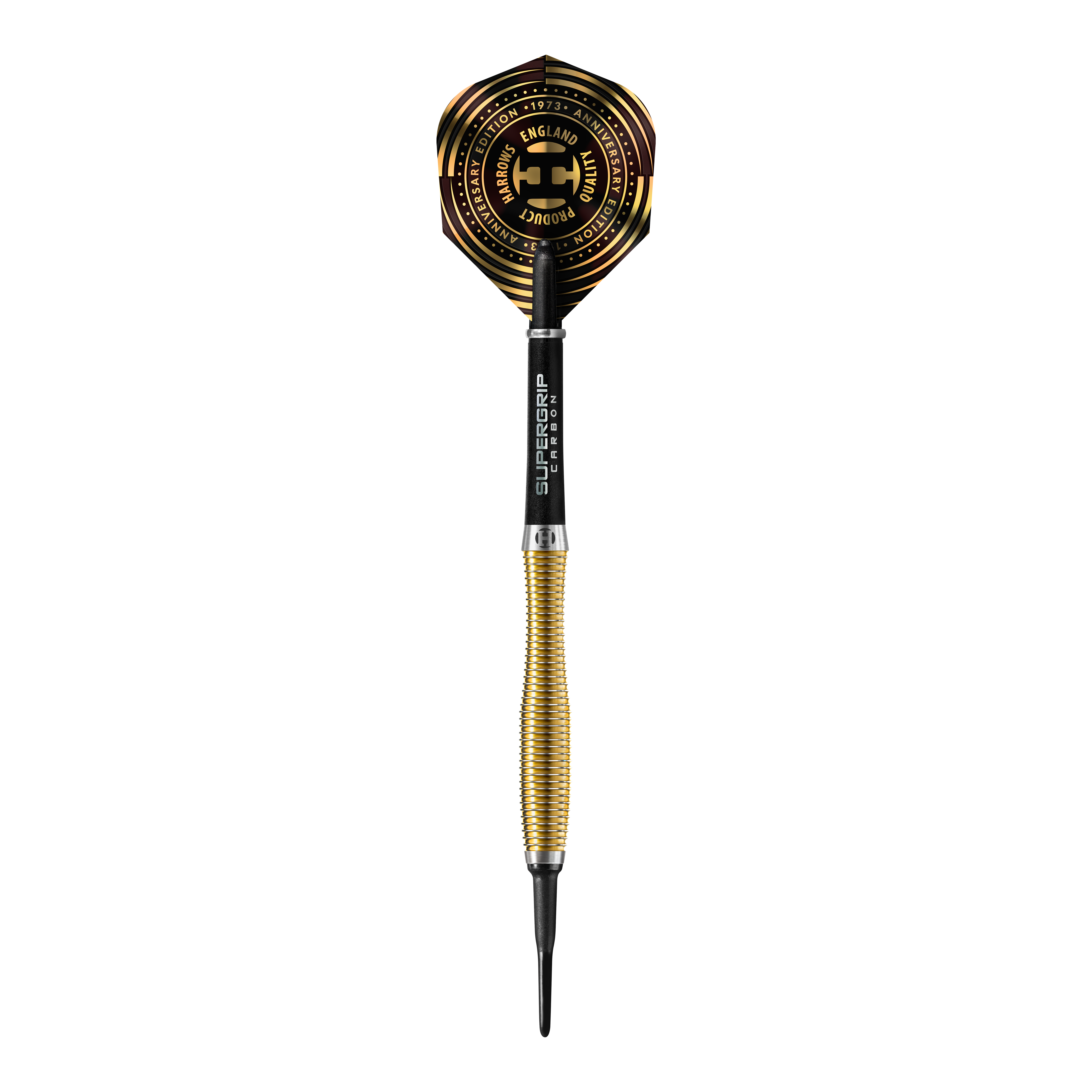 Harrows Anniversary Edition V-Wing Softdarts - 18g Das Bild zeigt einen Harrows Anniversary Edition V-Wing Softdart mit einem Gewicht von 18g. Der Dartpfeil hat einen goldfarbenen, gerillten Schaft und ein auffälliges Flight-Design in Schwarz und Gold.