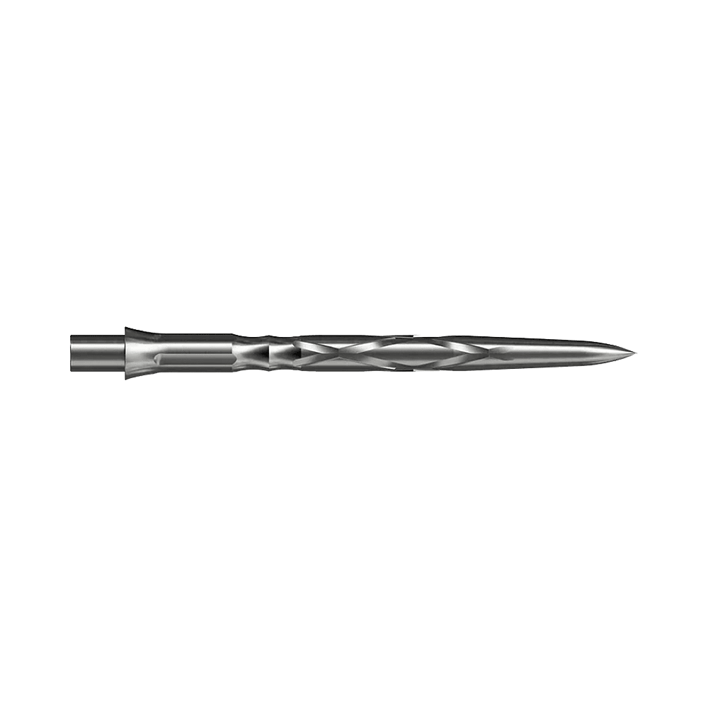 Dies ist eine silberne Steeldartspitze mit einem gedrehten Design. Sie ist lang und schlank, ideal für präzises Werfen.