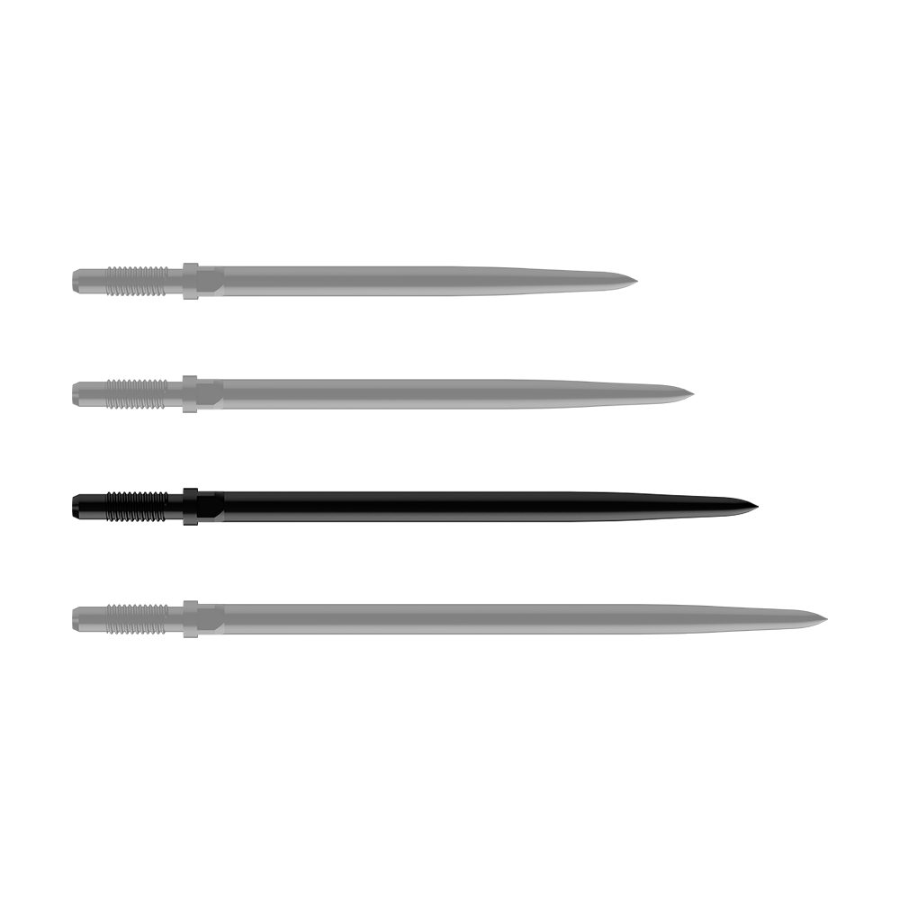Das Bild zeigt einen Satz glatter, schwarzer Dartspitzen mit 40mm Länge. Die Dartspitzen sind einzeln abgebildet.
