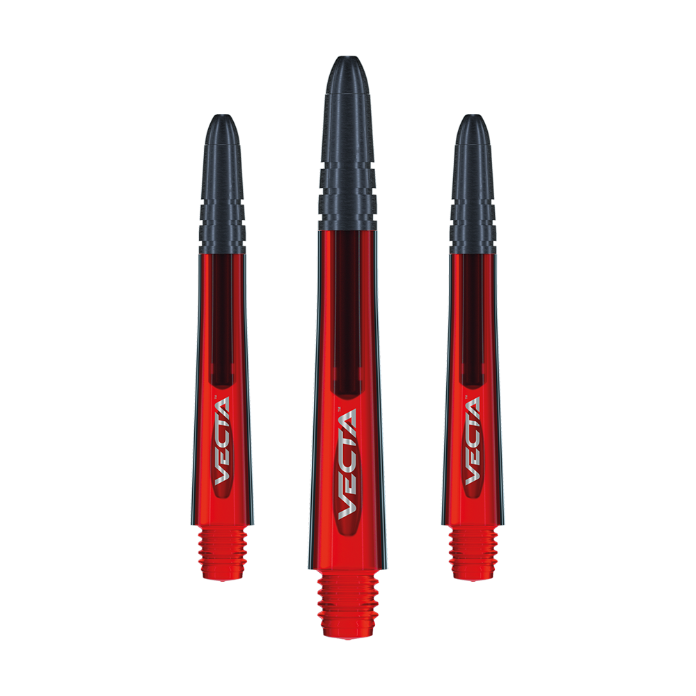 Auf dem Bild sind drei rote Winmau Vecta Shafts zu sehen. Die Schäfte haben schwarze Enden und tragen den Schriftzug "VECTA".