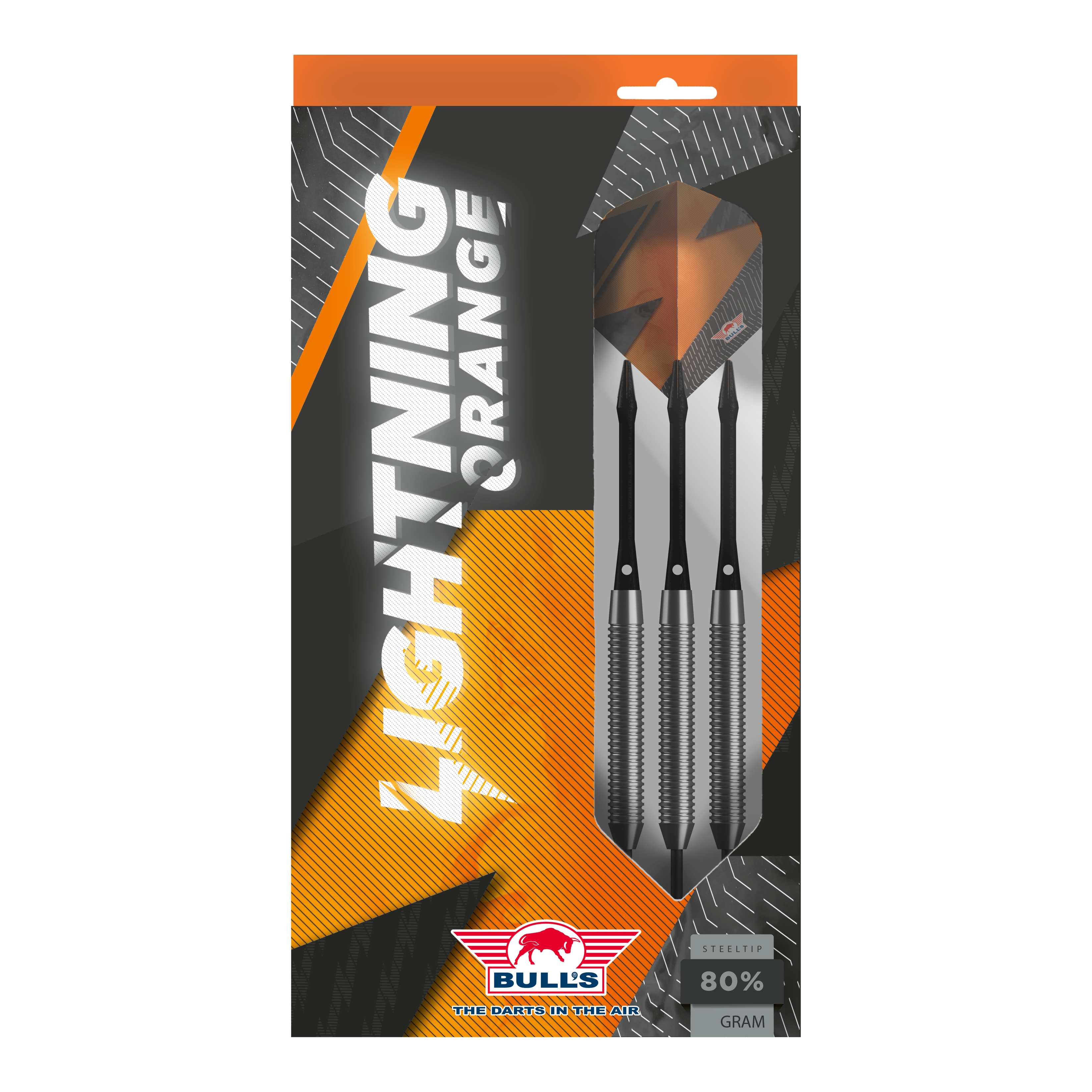 Bulls NL Lightning Orange Steeldarts Das Bild zeigt die Verpackung der "Bulls NL Lightning Orange Steeldarts". In der Packung befinden sich drei Steeldarts mit orange-schwarzem Design.