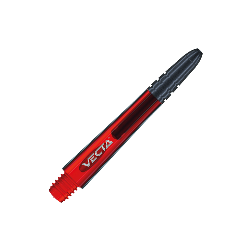 7025-403_Winmau_Vecta_Shafts_Rot_37mm_2 Das Bild zeigt einen roten Dartschaft mit der Aufschrift "VECTA". Der Schaft hat eine schwarze Spitze und einen glänzenden, modernen Look.