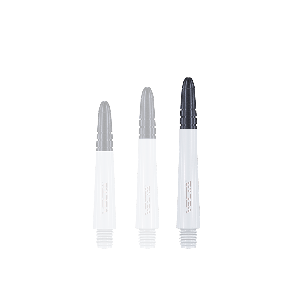 7025-202_Winmau_Vecta_Shafts_Weiss_40mm_1 Das Bild zeigt drei Winmau Vecta Shafts in Weiß. Die Shafts haben ein weißes Unterteil und ein schwarzes Oberteil.
