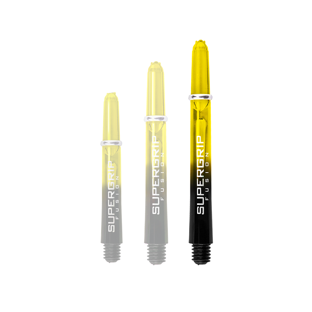 HR350_Harrows_Supergrip_Fusion_Shafts_Gelb_47mm_1x2Cug2o2lCsc2 Das Bild zeigt drei Harrows Supergrip Fusion Shafts in der Farbe Gelb. Die Shafts sind in verschiedenen Längen angeordnet und haben ein modernes, transparentes Design.