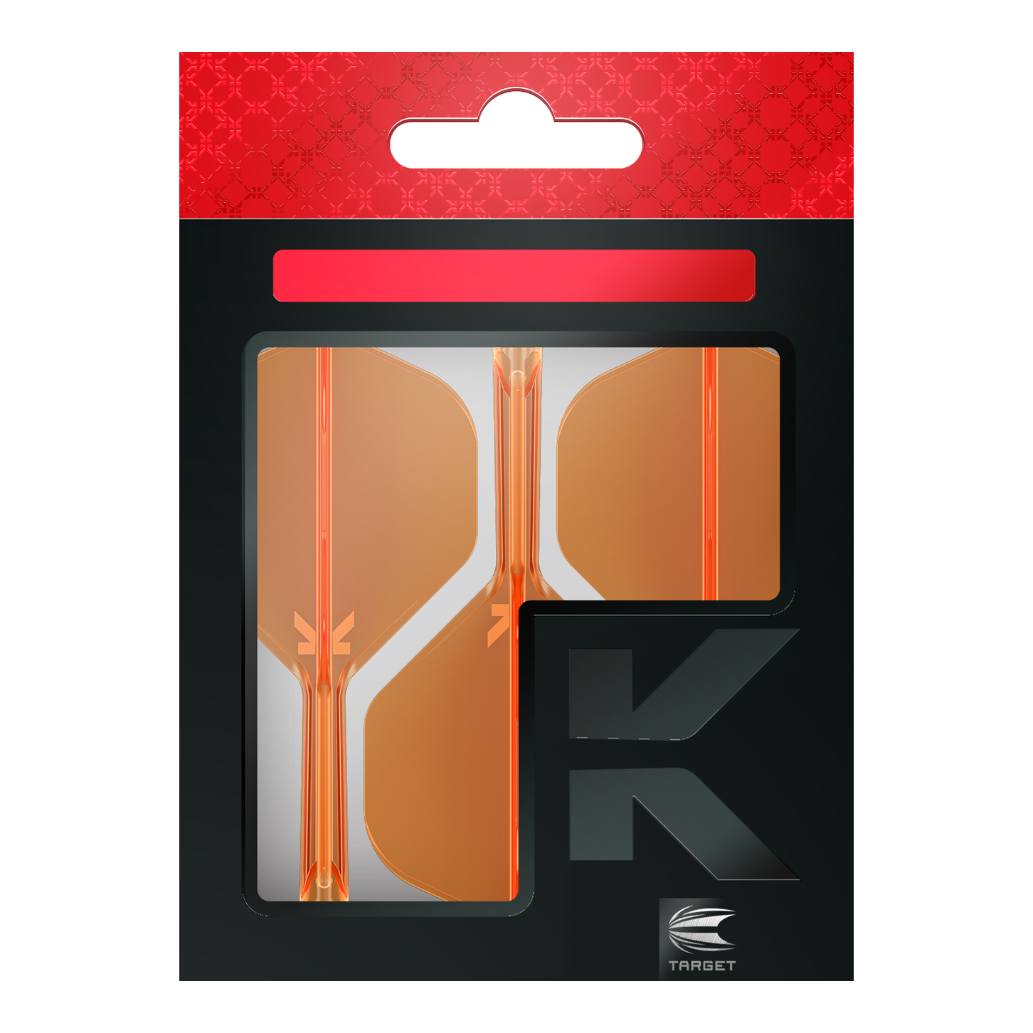 Die Abbildung zeigt eine Verpackung mit orangefarbenen Dartflights der Marke Target. Die Verpackung ist überwiegend schwarz und rot gestaltet und trägt das Logo von Target.