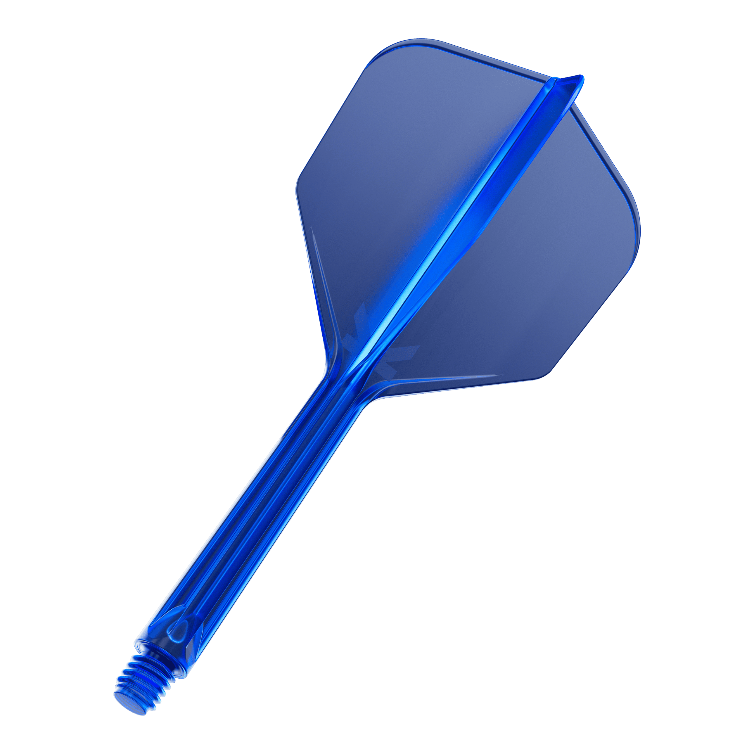 Das Bild zeigt einen blauen Dartflügel mit Schaft. Der Dartflügel ist durchsichtig und hat eine Schraubverbindung am unteren Ende.