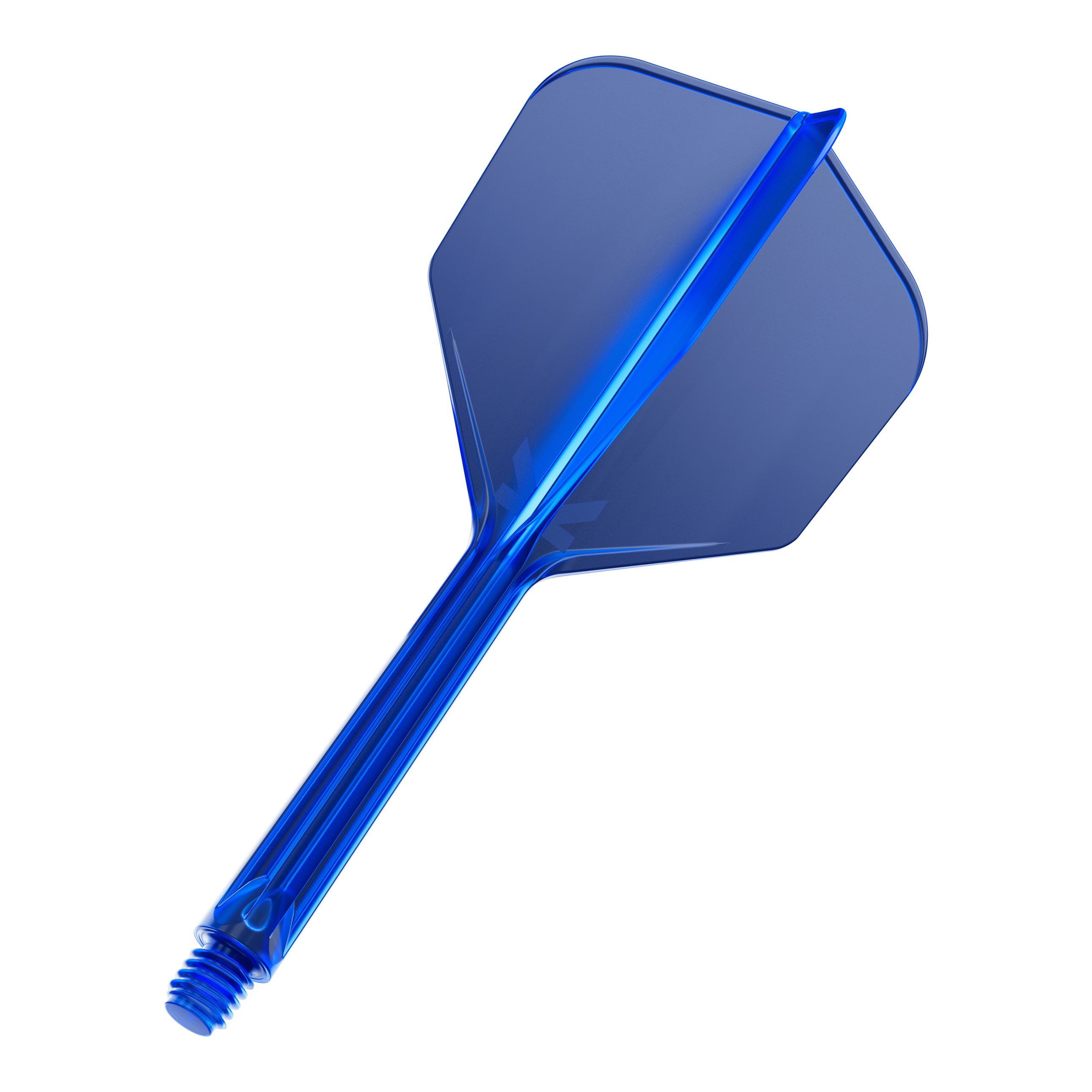 Target K-Flex No6 Flight-System - Blau Das Bild zeigt einen blauen Dartflügel mit Schaft. Der Dartflügel ist durchsichtig und hat eine Schraubverbindung am unteren Ende.