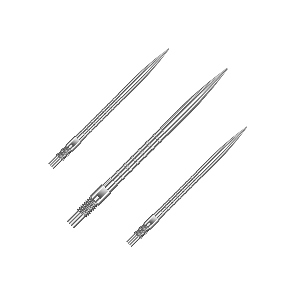 Ein Set von Harrows Quick Point Heavy Metal Grip Dartspitzen in Silber mit 35mm Länge ist zu erkennen. Die Dartspitzen sind zusammen als Gruppe angeordnet.