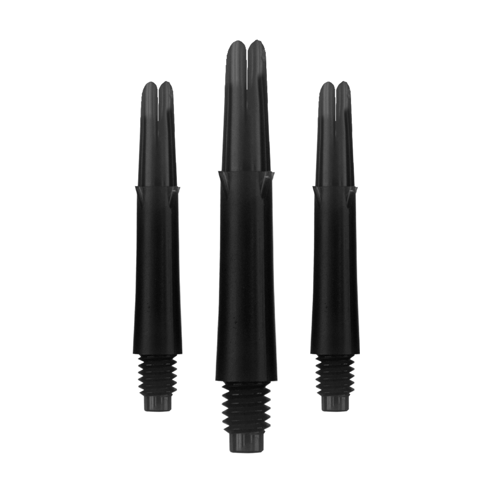 L-Style L-Shafts Locked Straight - Black 190 Auf dem Bild sind drei schwarze Dartschäfte in unterschiedlichen Längen zu sehen. Sie sind gerade geformt und haben ein Gewinde am unteren Ende.