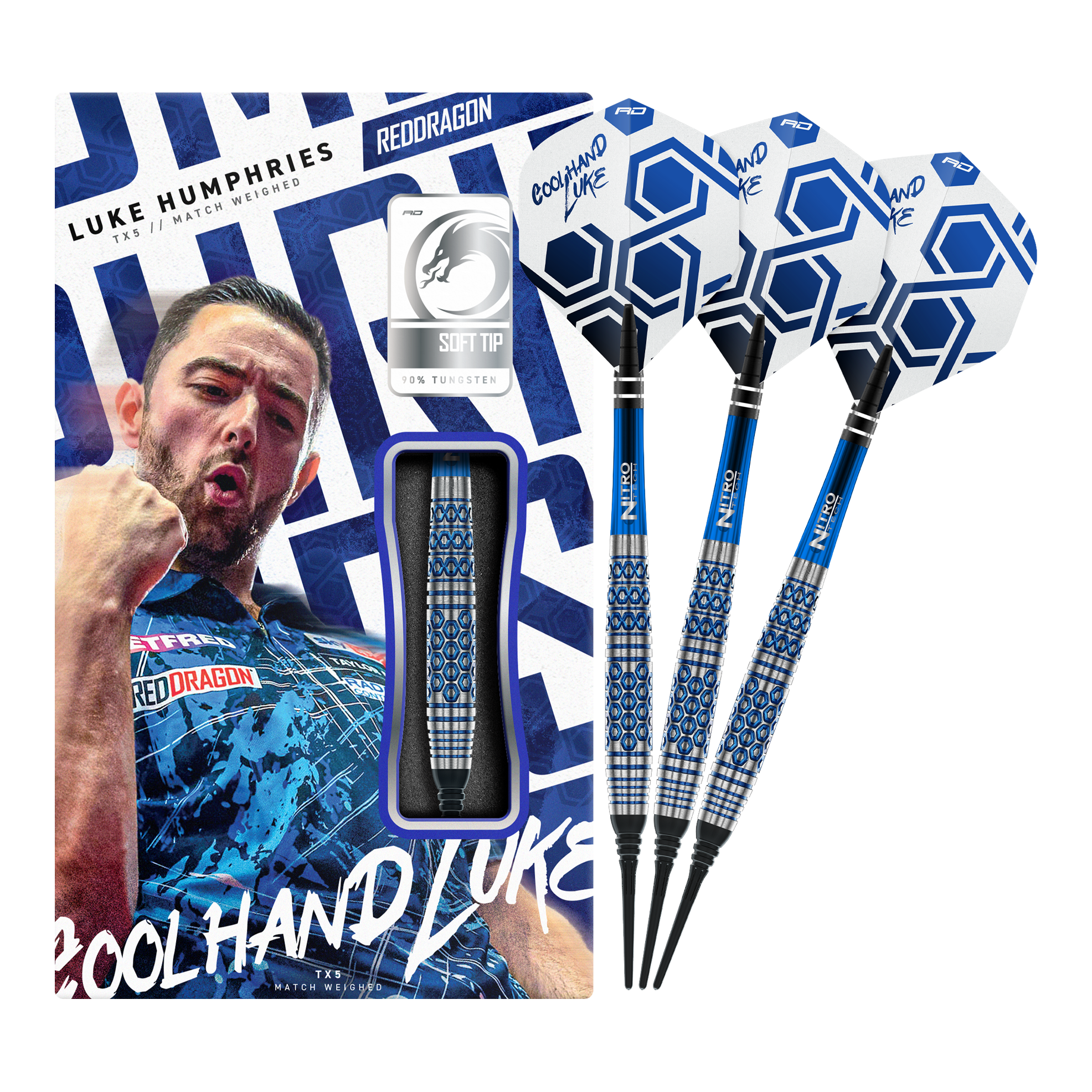 Red Dragon Luke Humphries TX5 Softdarts - 20g Das Foto zeigt die Red Dragon Luke Humphries TX5 Softdarts - 20g in voller Länge. Sie sind für das Softdartspiel ausgelegt und wiegen 20 Gramm.