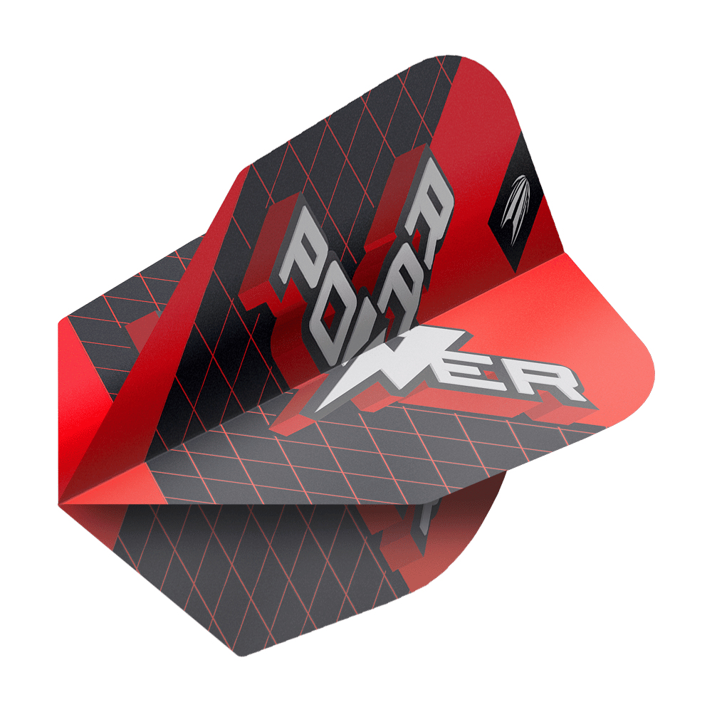 Target Pro Ultra Phil Taylor Power 9Five GEN11 No6 Flights - 3 Sets Das Bild zeigt ein Dart-Flight aus der Serie "Target Pro Ultra Phil Taylor Power 9Five GEN11 No6". Das Flight ist überwiegend schwarz und rot und trägt den Schriftzug "POWER".