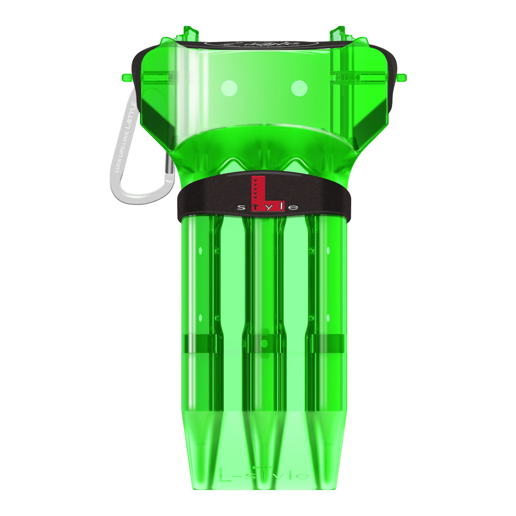 Dies ist ein grünes Dart-Case aus durchsichtigem Kunststoff. Es hat Platz für drei Darts und trägt das Logo "L-Style" auf der Vorderseite.