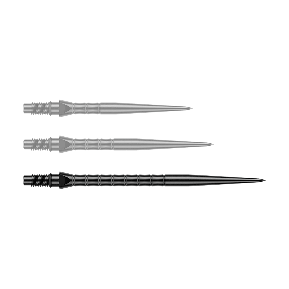 Winmau Switch Point Wave Steeldartspitzen - Schwarz Das Bild zeigt eine einzelne schwarze Steeldartspitze mit Wave-Struktur. Die Länge der Spitze beträgt wahrscheinlich 40 mm.