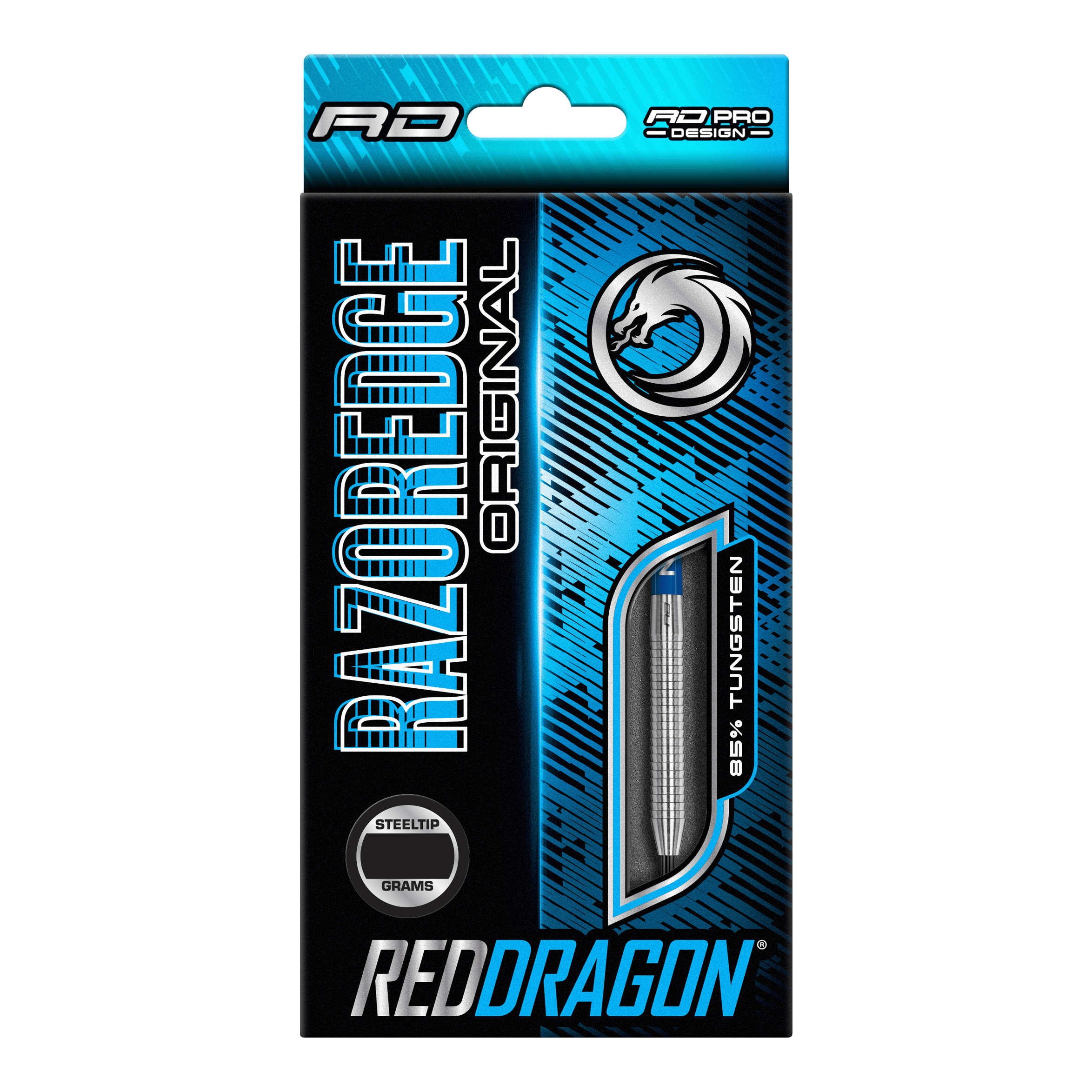 Red Dragon Razor Edge Original Steeldarts Die Verpackung zeigt die "Red Dragon Razor Edge Original Steeldarts" mit einem Gewicht von 24 Gramm. Das Design ist blau-schwarz und hebt hervor, dass die Darts aus 95 % Tungsten bestehen.