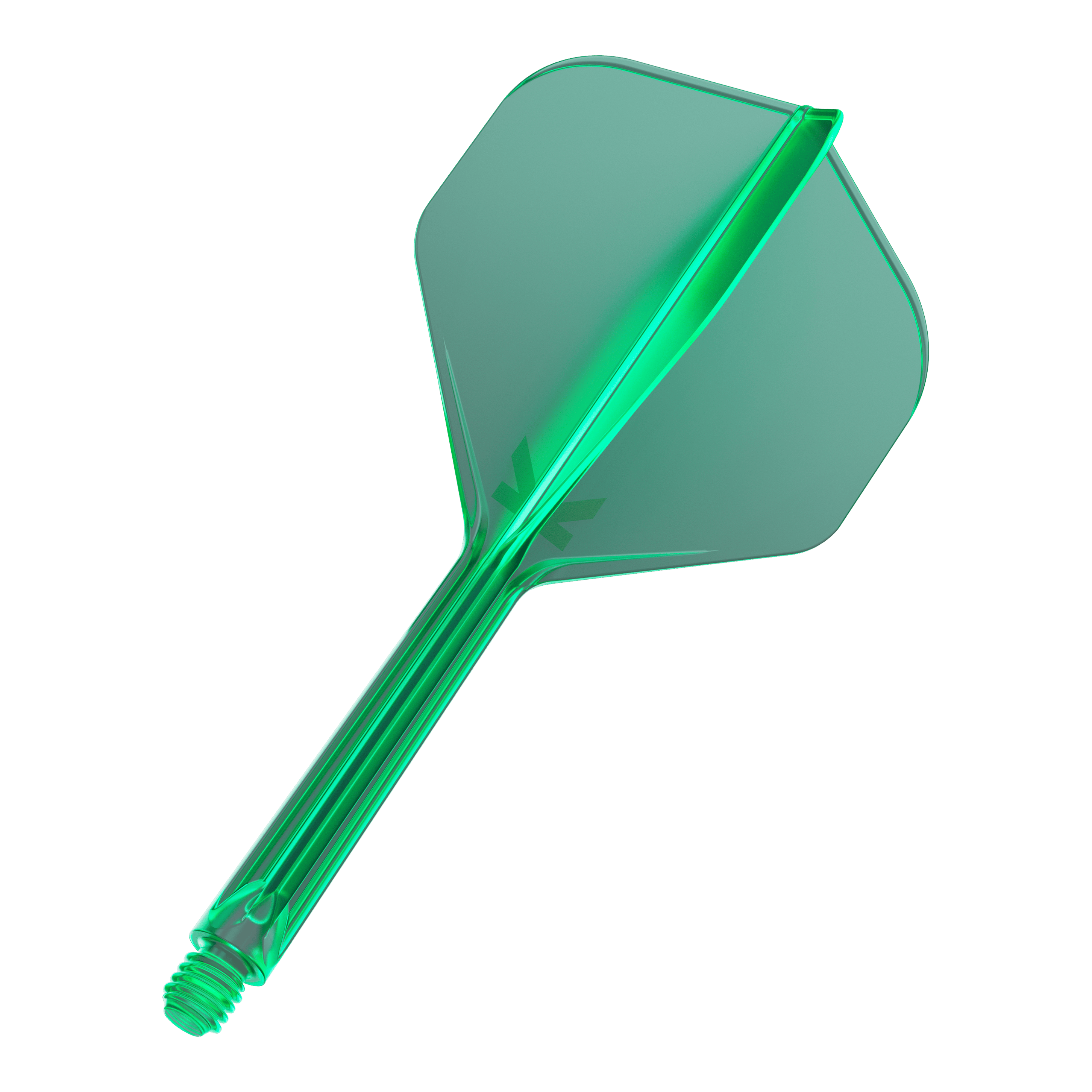 Dies ist ein grüner Dartflight mit einem integrierten Shaft. Das Material wirkt durchsichtig und hat eine Standardform.