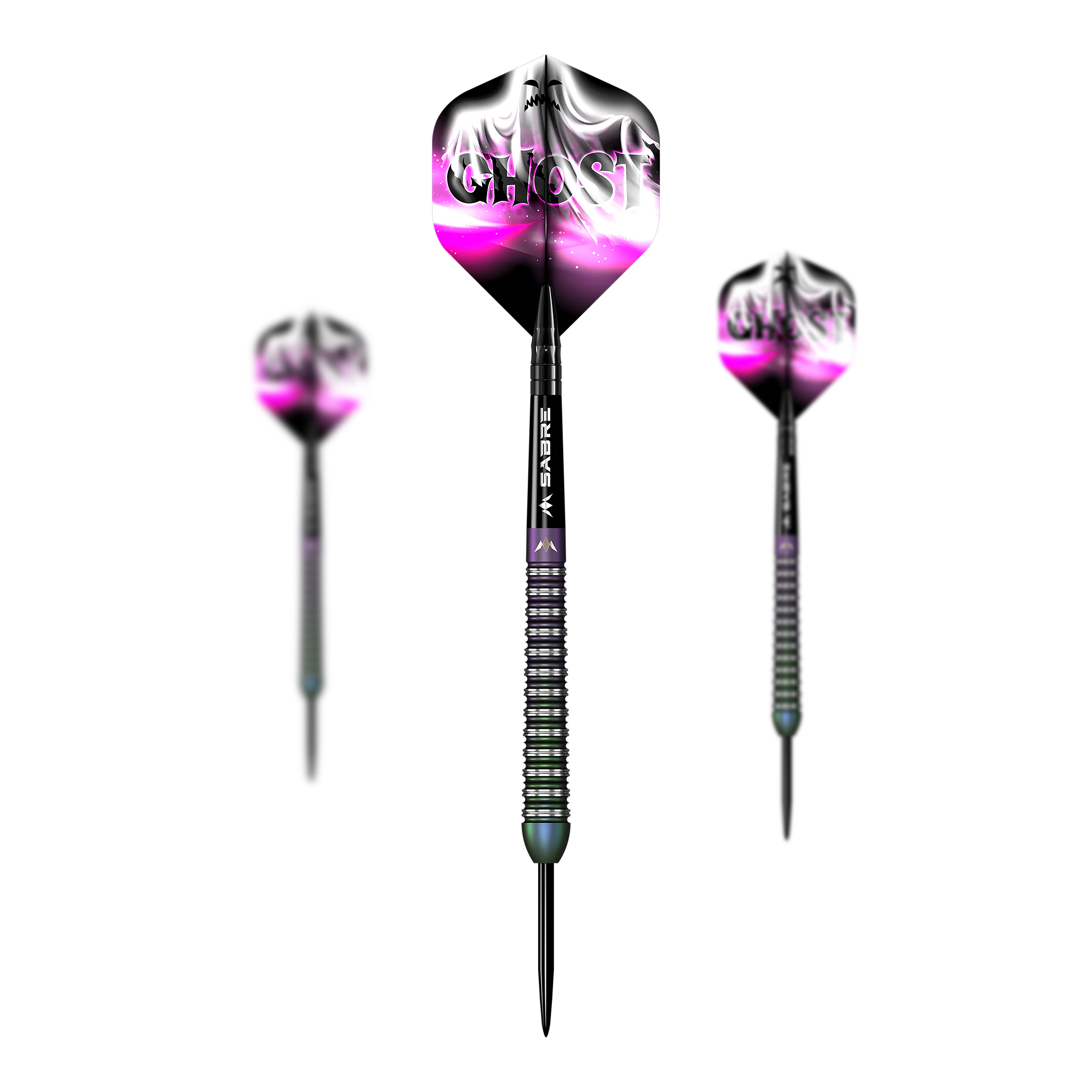 Mission Bailey Marsh Ghost Steeldarts - 23g Das Bild zeigt drei Steeldarts der Marke "Mission Bailey Marsh Ghost" mit einem Gewicht von 23g. Die Flights sind schwarz, weiß und pink gestaltet und tragen das Wort "GHOST".